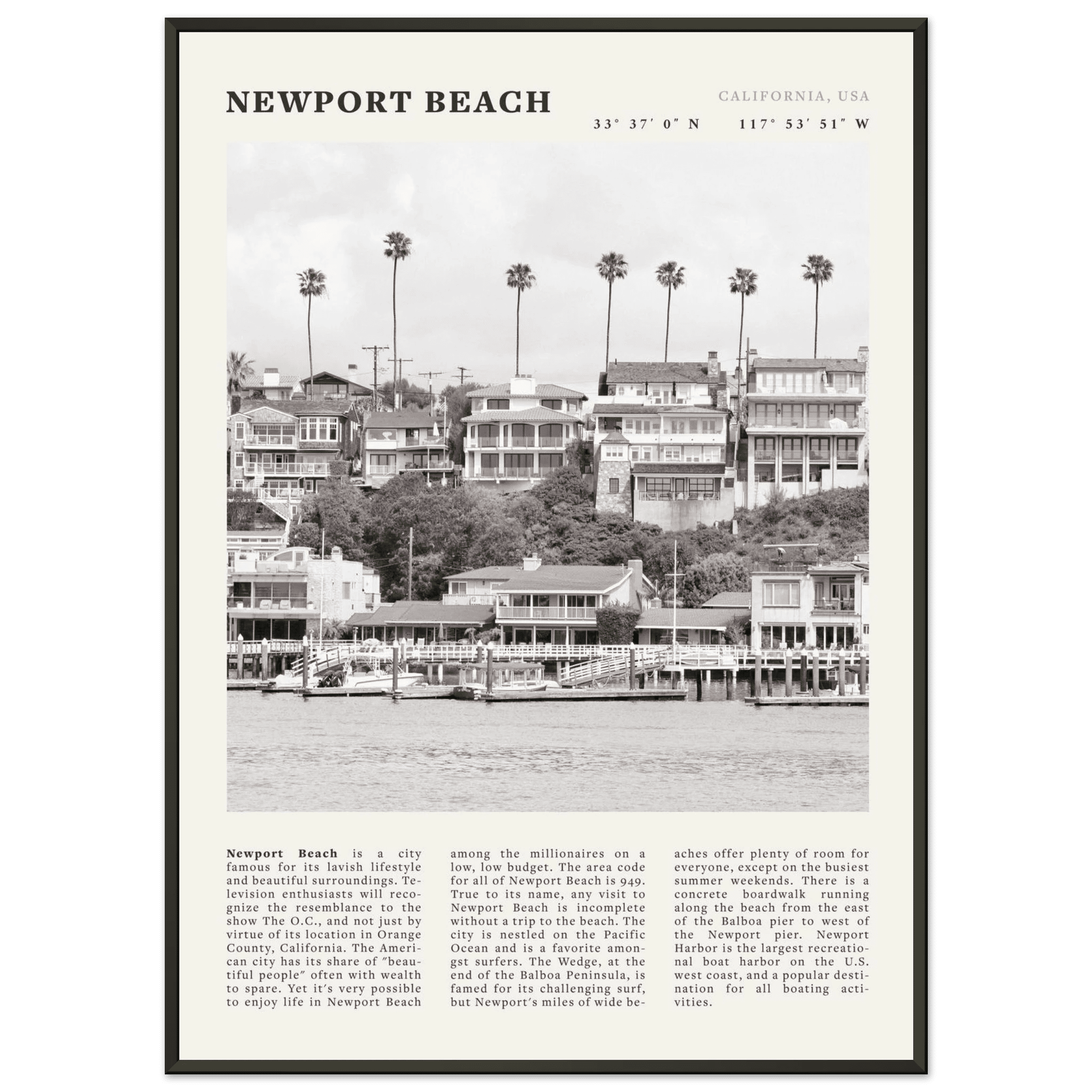 Newport Beach Poster | Black & White California Harbor Wall Art | Coastal Print - Evergreen Posters