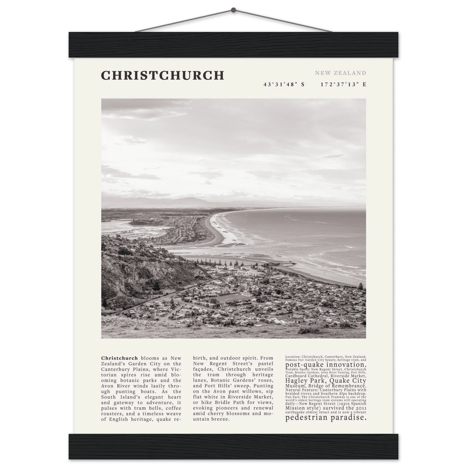 Christchurch New Zealand Poster Black and White – Vintage Garden City Panorama Print - Evergreen Posters