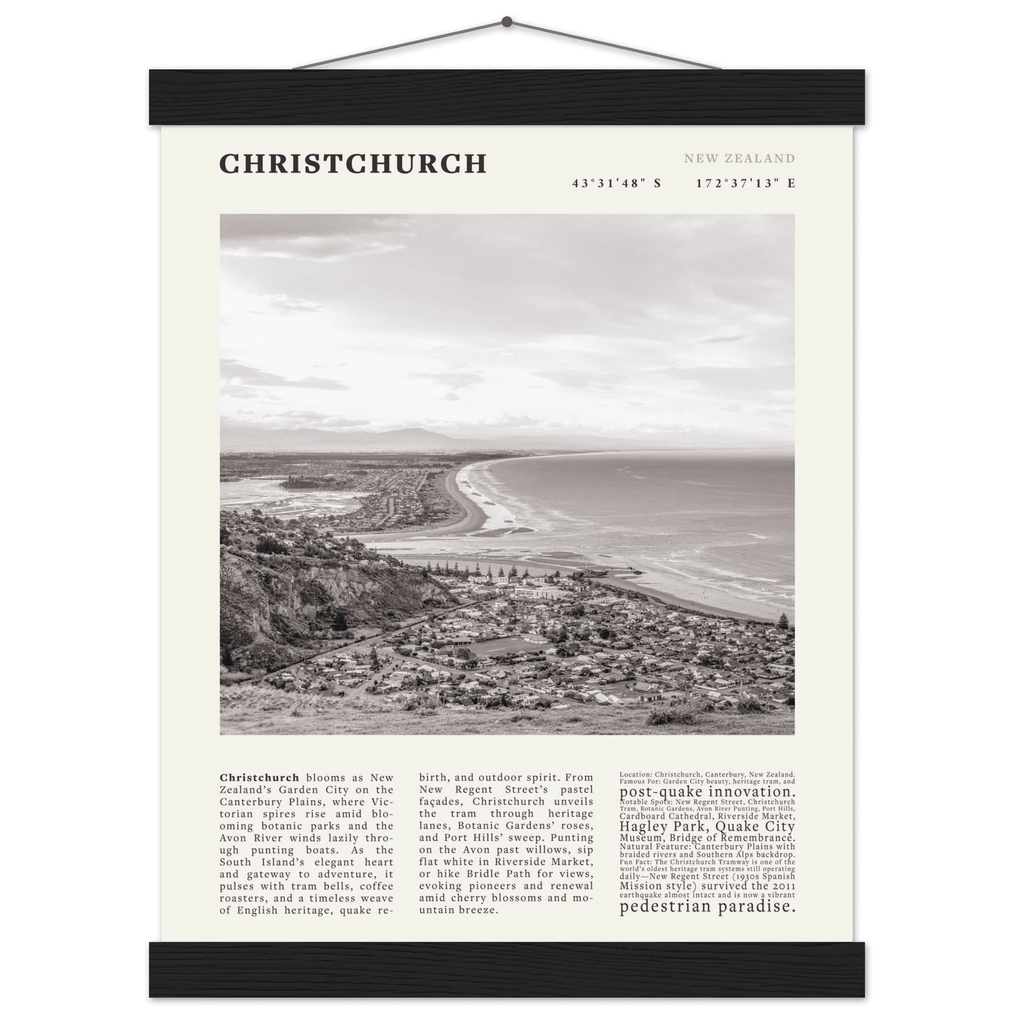 Christchurch New Zealand Poster Black and White – Vintage Garden City Panorama Print - Evergreen Posters