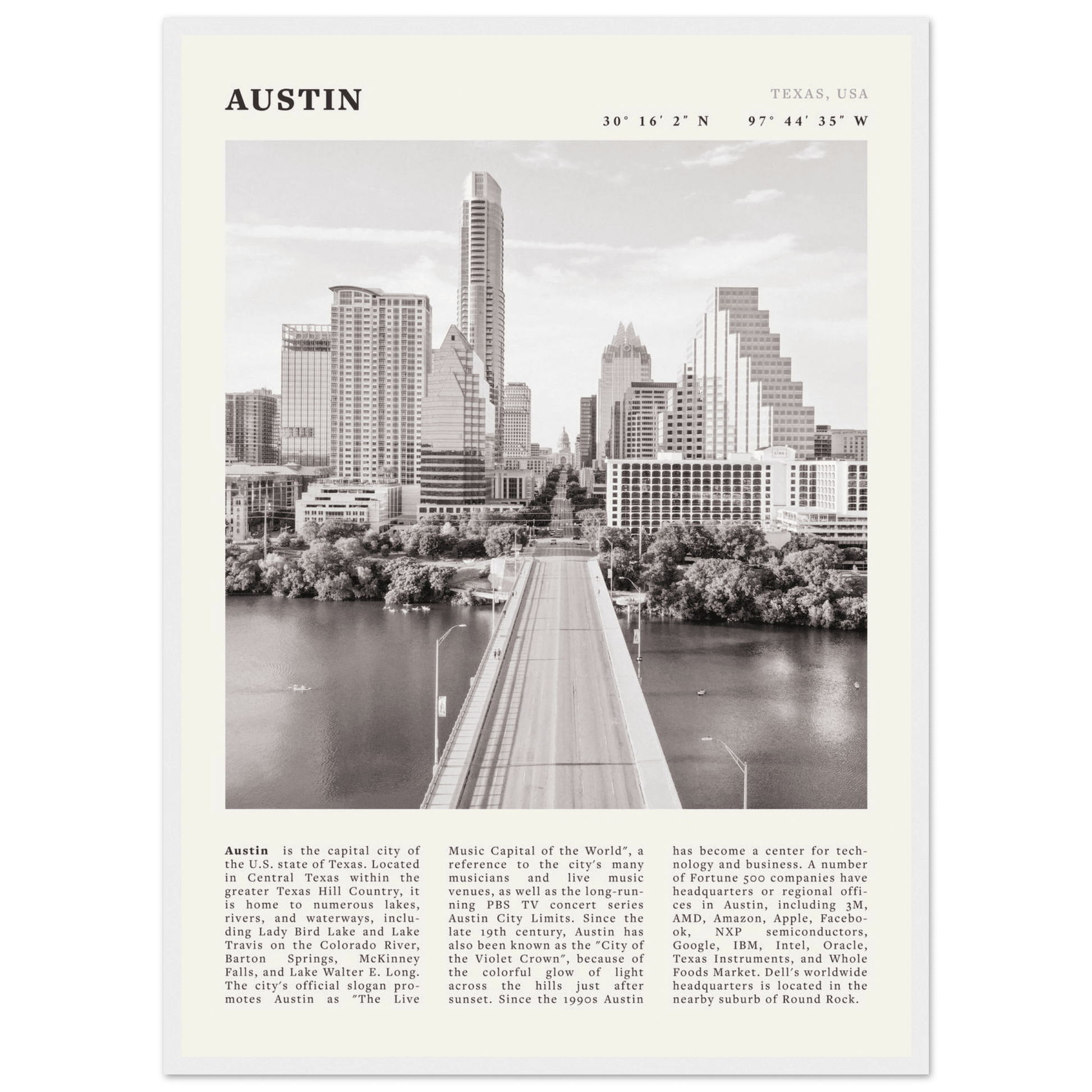Austin Poster | Black & White Texas Skyline Wall Art | City Travel Print Decor - Evergreen Posters