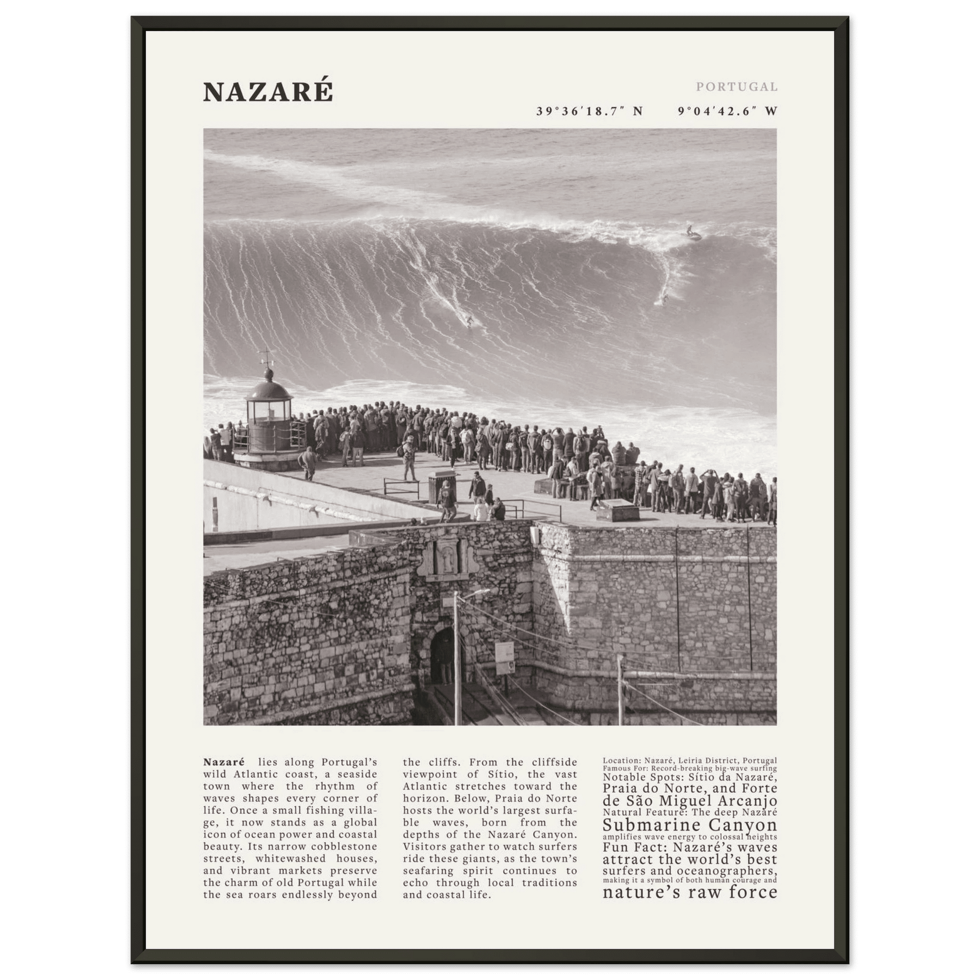 Nazaré Portugal Poster Black and White – Vintage Big Waves Surf Print (Digital & Printed Options) - Evergreen Posters