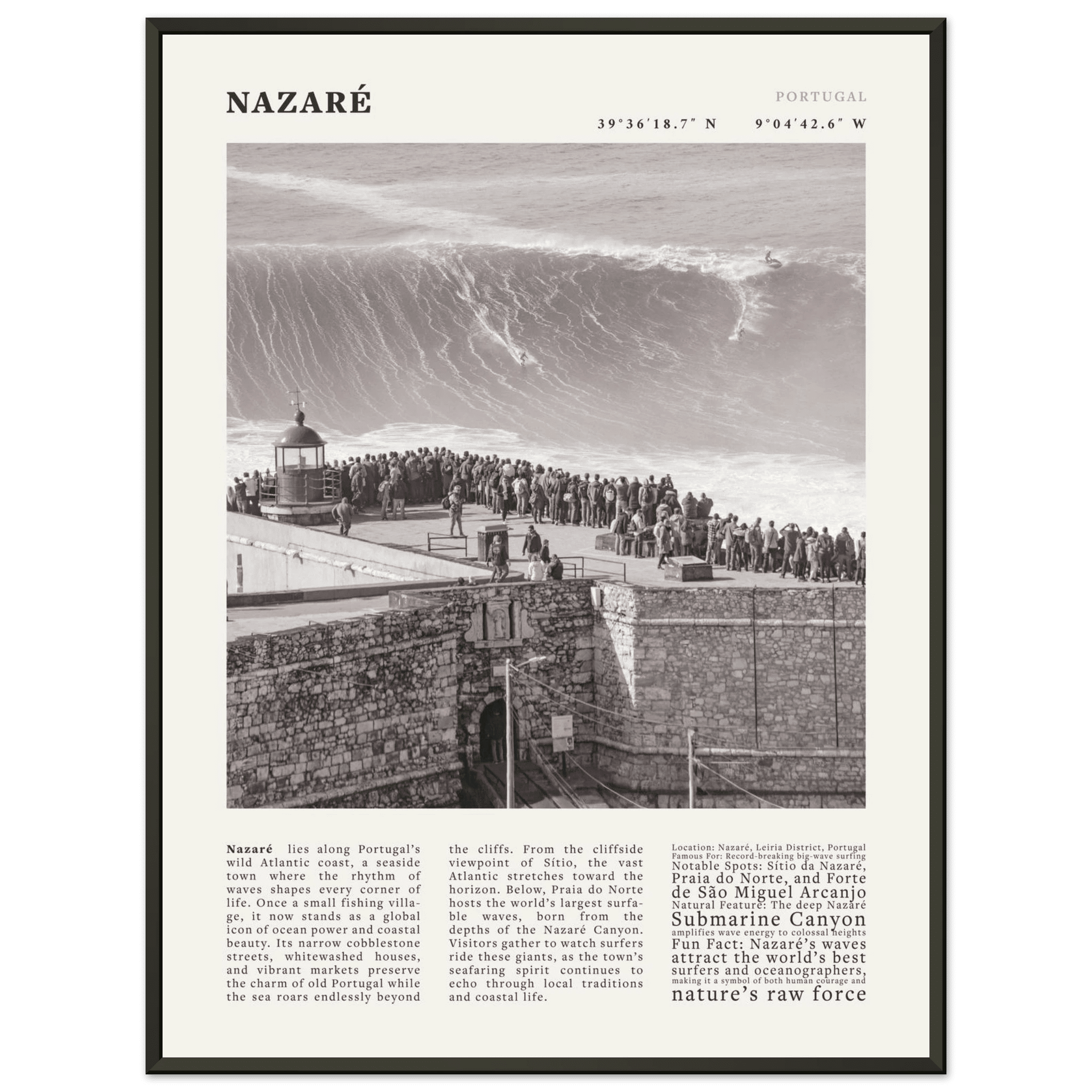 Nazaré Portugal Poster Black and White – Vintage Big Waves Surf Print (Digital & Printed Options) - Evergreen Posters