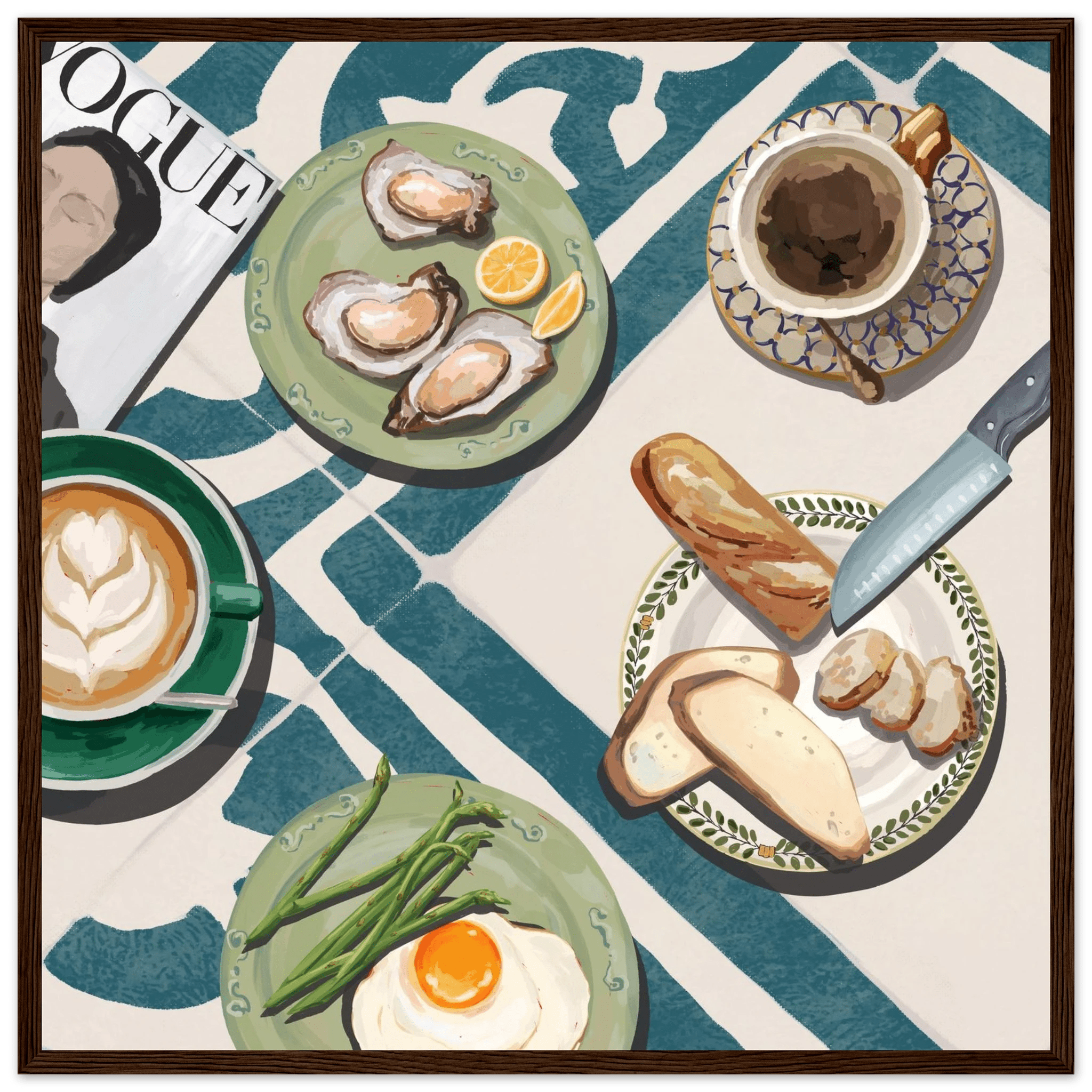 Oysters & Vogue Brunch Poster | Luxury Kitchen Wall Art | Blue Tile Square Print - Evergreen Posters - 20