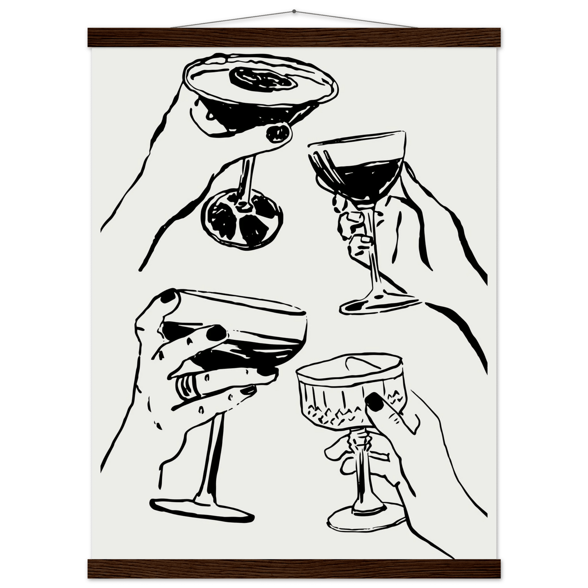 Cheers Print | Black Line Art Cocktail Glasses Wall Art | Kitchen Bar Poster - Evergreen Posters