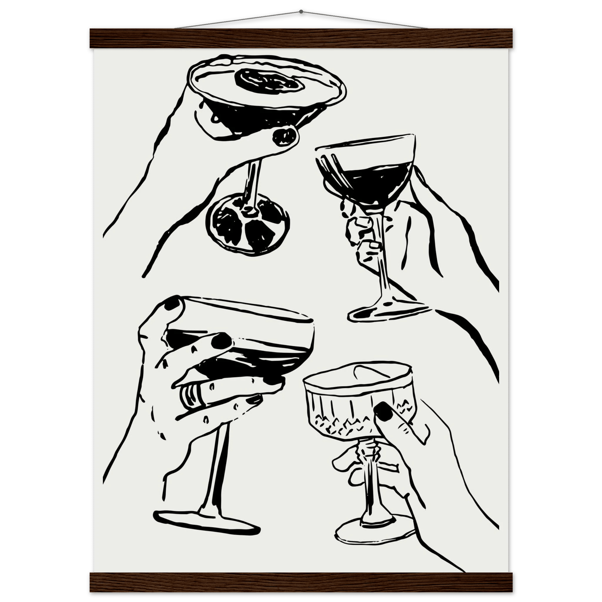 Cheers Print | Black Line Art Cocktail Glasses Wall Art | Kitchen Bar Poster - Evergreen Posters