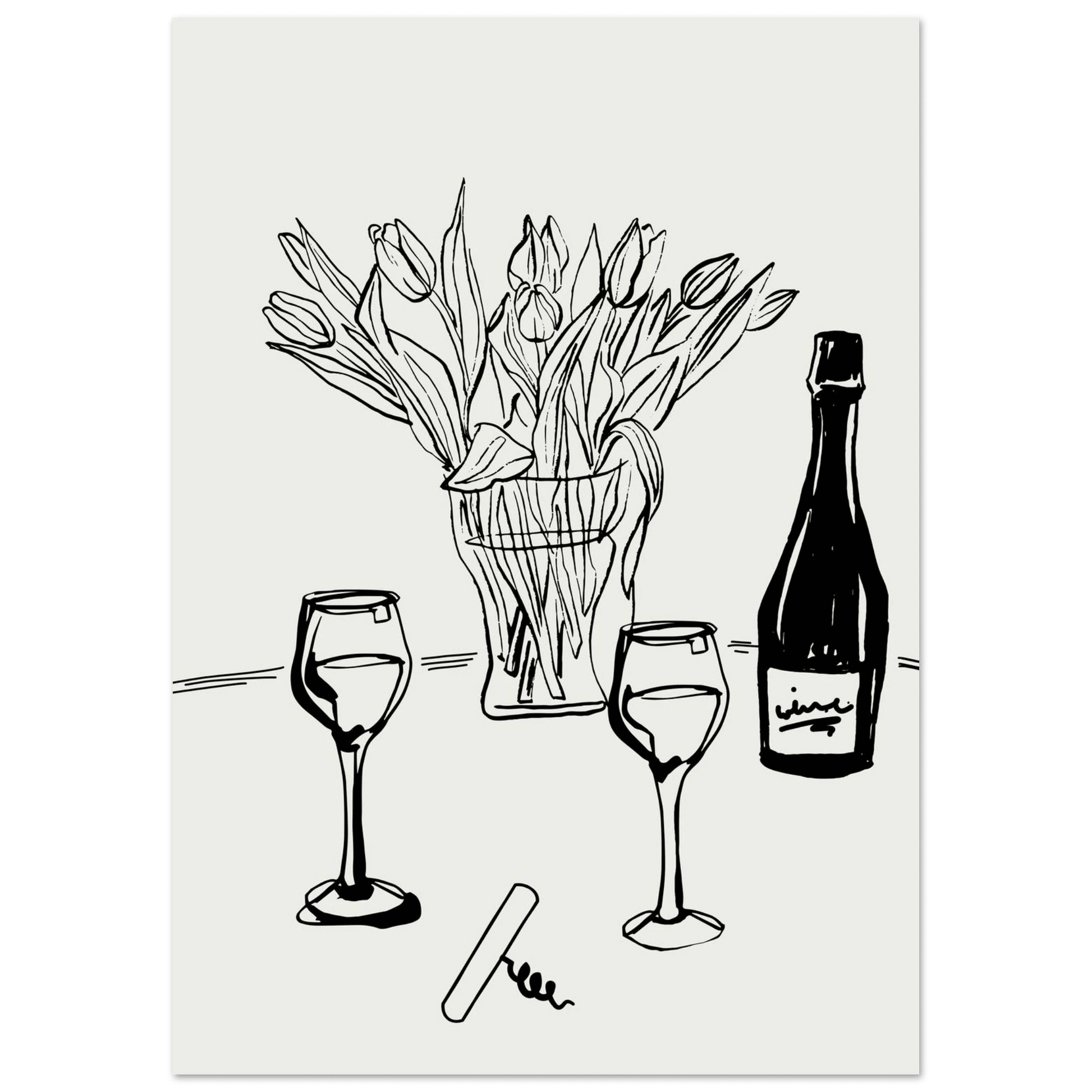 Wine & Tulips Print | Black Line Art Wine Bottle Wall Art | Minimalist Kitchen Poster - Evergreen Posters