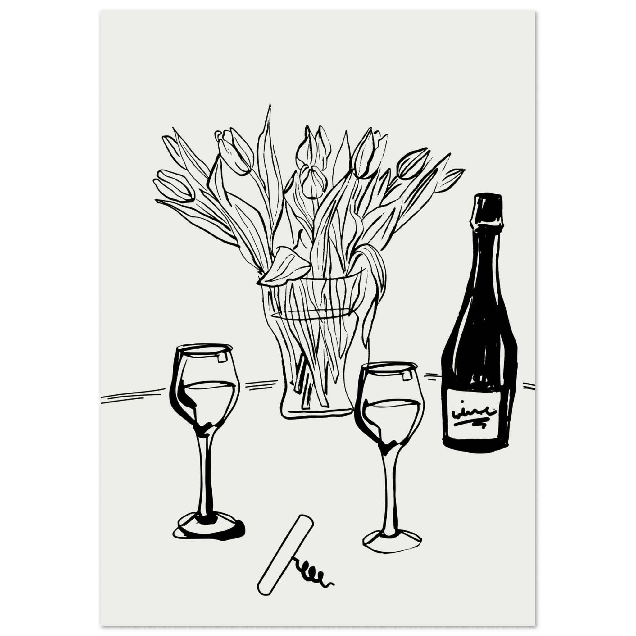Wine & Tulips Print | Black Line Art Wine Bottle Wall Art | Minimalist Kitchen Poster - Evergreen Posters