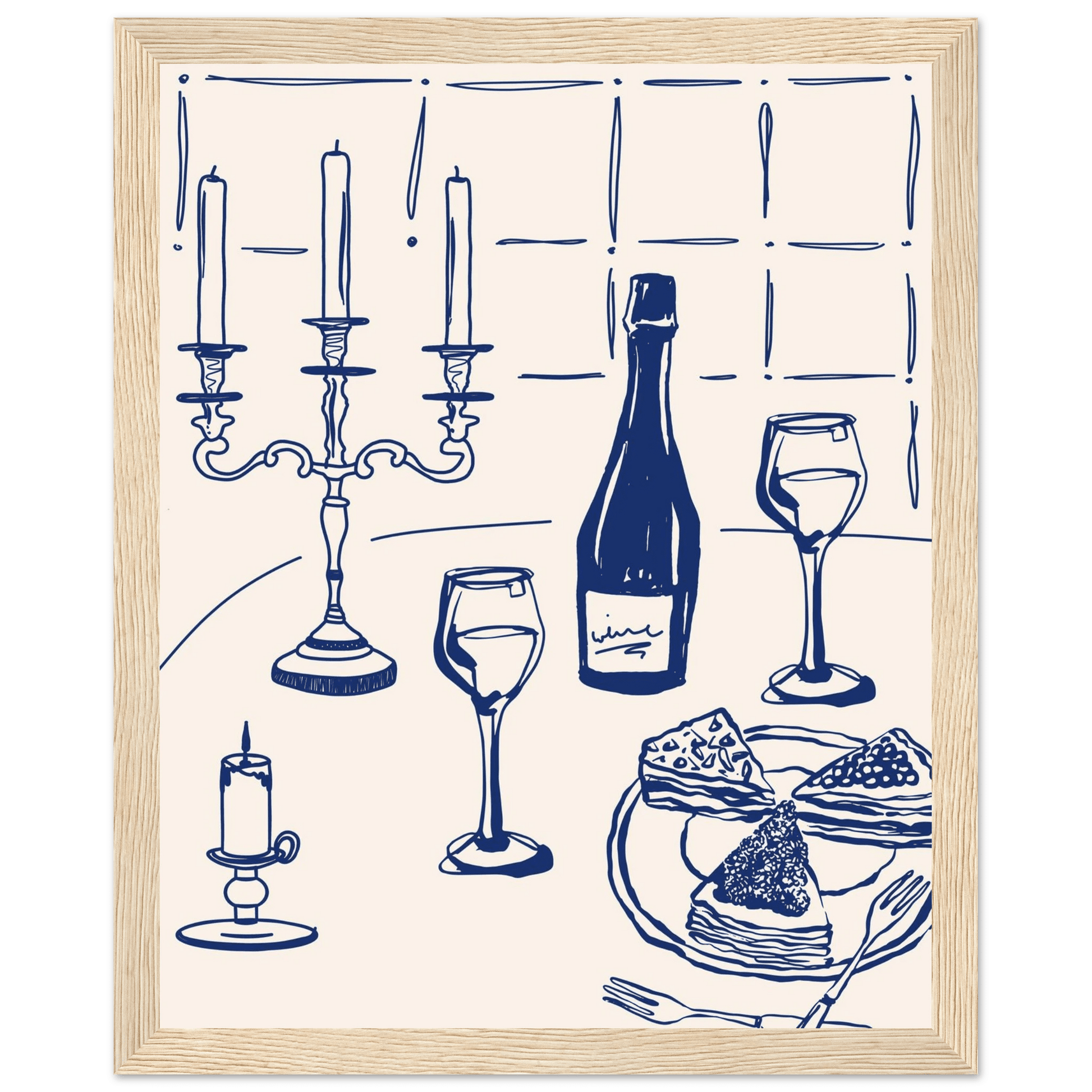 Candlelight Dinner Print | Navy Blue Wine & Candelabra Line Art | Kitchen Poster - Evergreen Posters