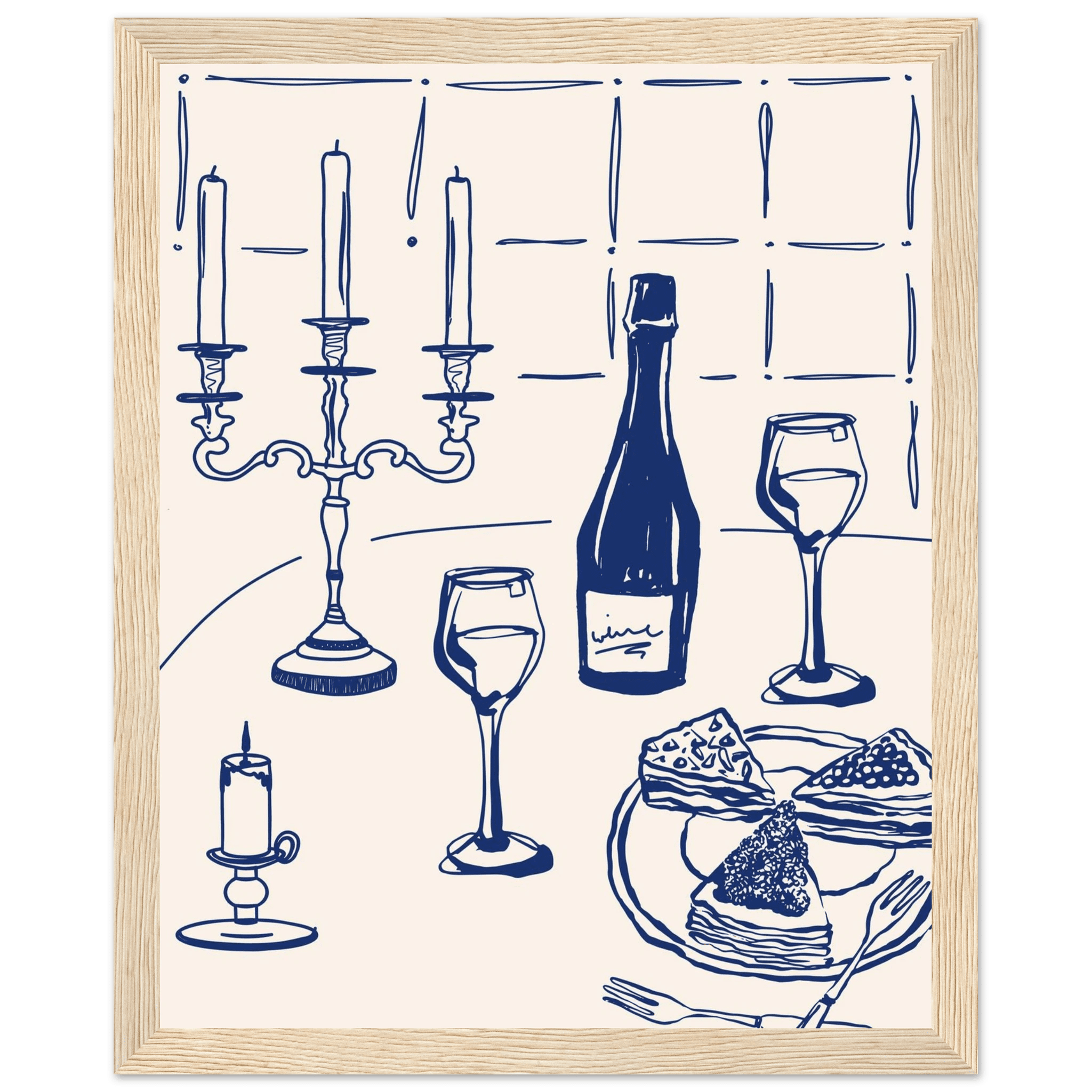Candlelight Dinner Print | Navy Blue Wine & Candelabra Line Art | Kitchen Poster - Evergreen Posters