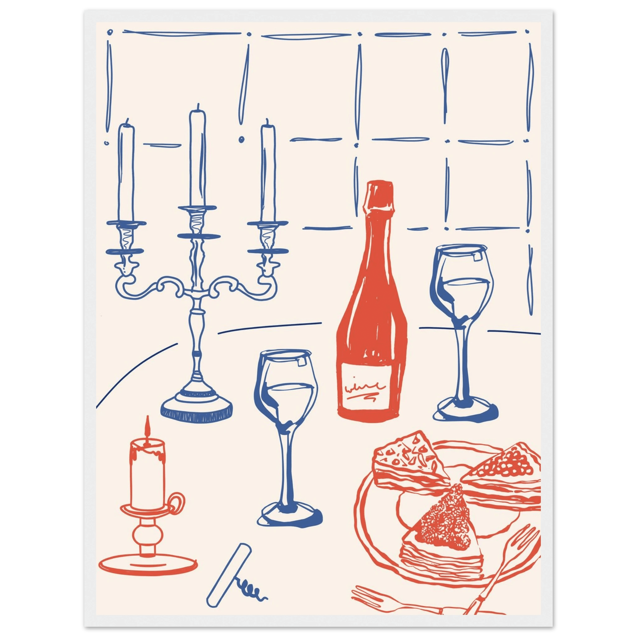 Candlelight Dinner Print | Wine & Candelabra Line Art Wall Art | Kitchen Poster - Evergreen Posters