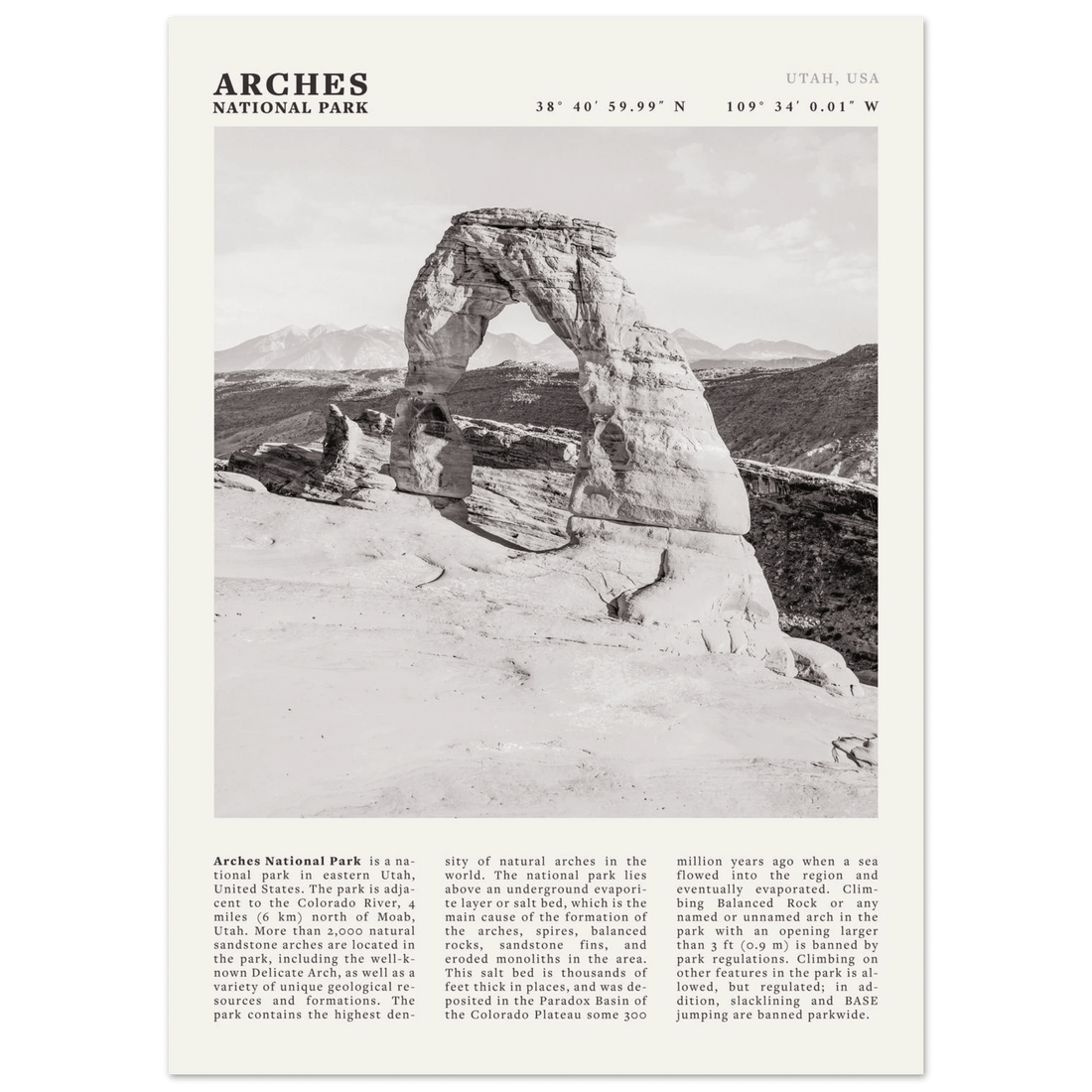 Arches National Park Poster | Black & White Utah Wall Art | Delicate Arch Print - Evergreen Posters