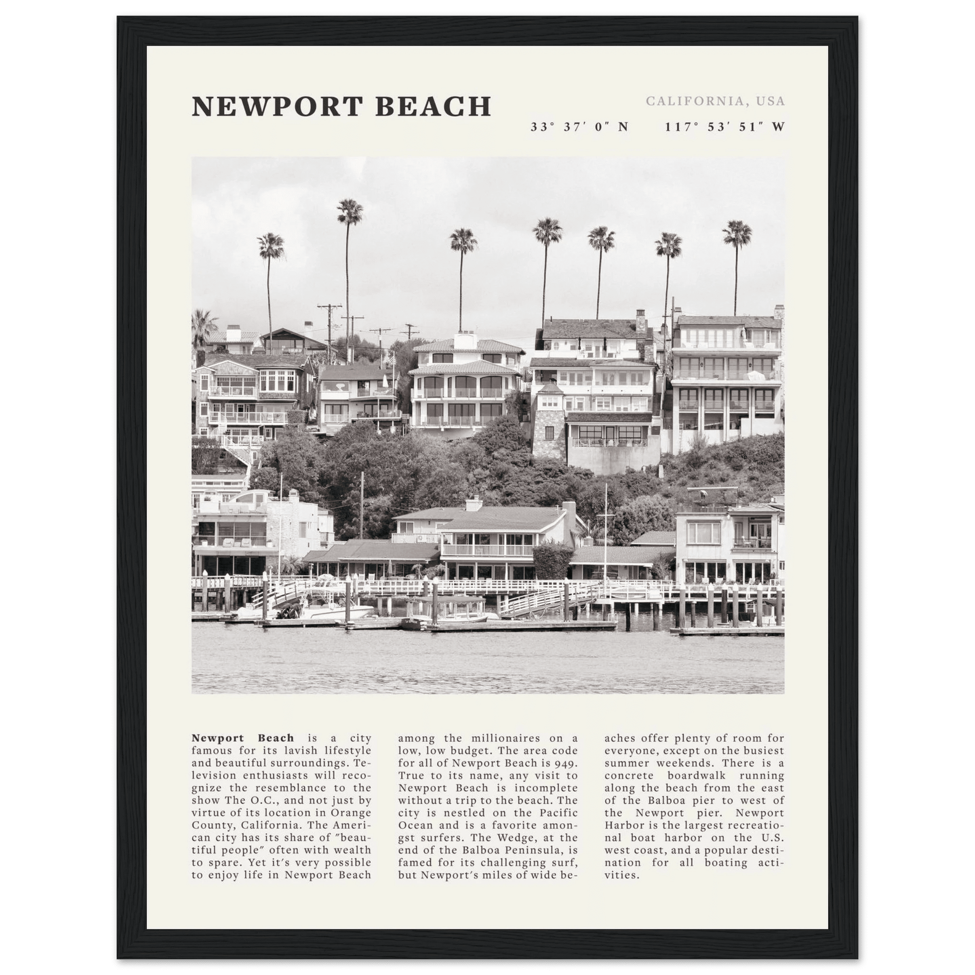 Newport Beach Poster | Black & White California Harbor Wall Art | Coastal Print - Evergreen Posters