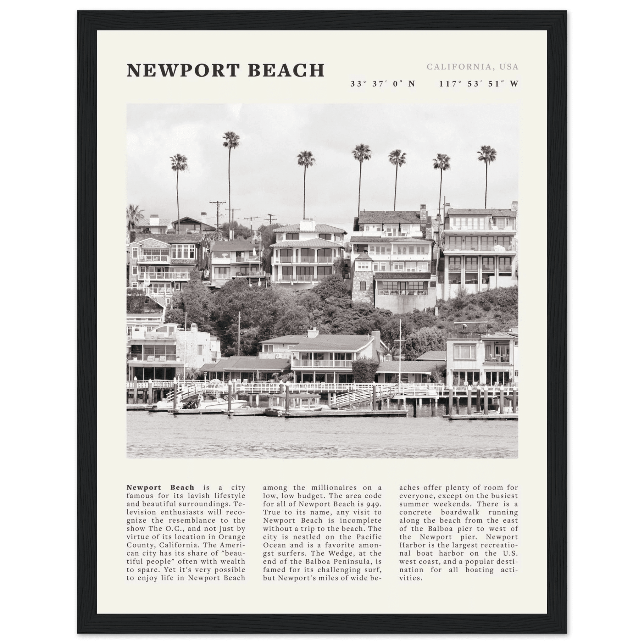 Newport Beach Poster | Black & White California Harbor Wall Art | Coastal Print - Evergreen Posters