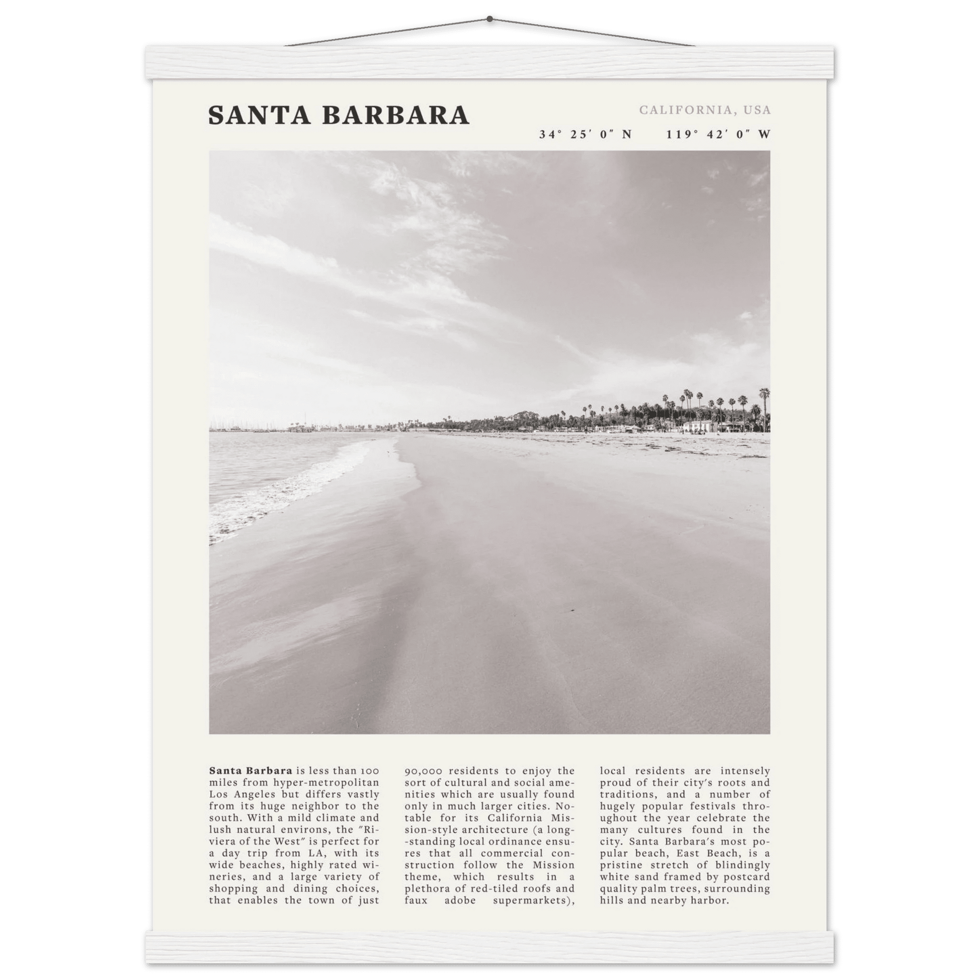 Santa Barbara Poster | Black & White California Beach Wall Art | CA Travel Print - Evergreen Posters