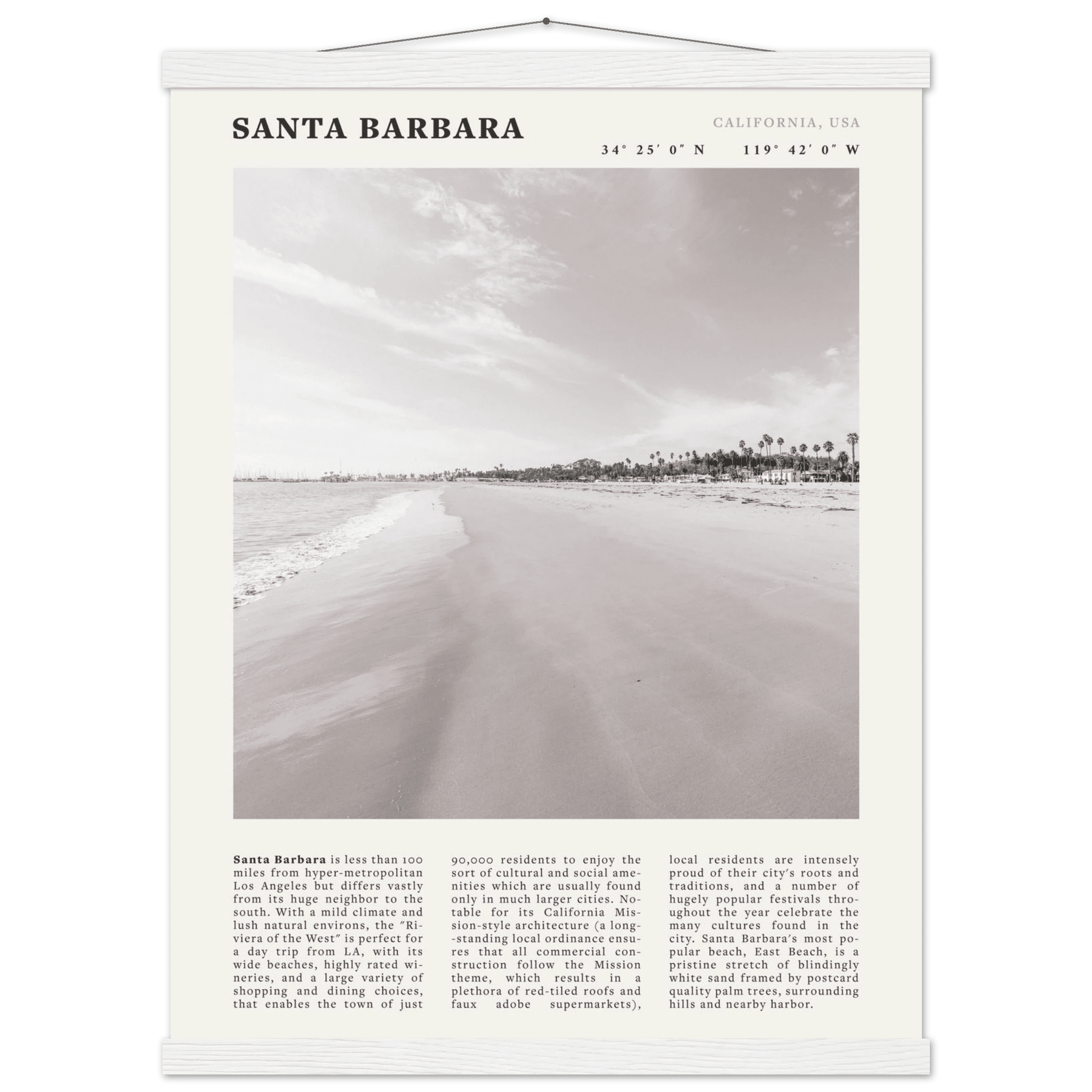 Santa Barbara Poster | Black & White California Beach Wall Art | CA Travel Print - Evergreen Posters