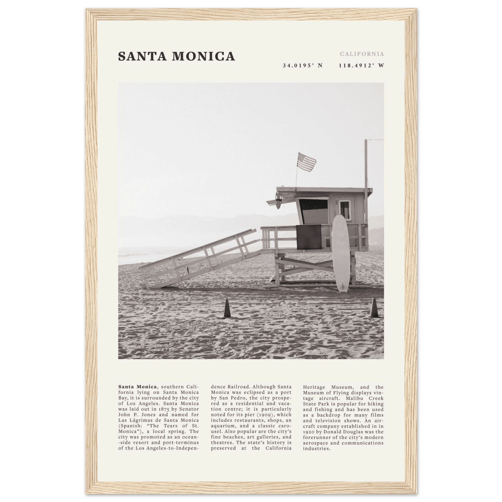 Santa Monica Poster | Black & White California Wall Art | Beach Travel Print | Coastal Decor - Evergreen Posters