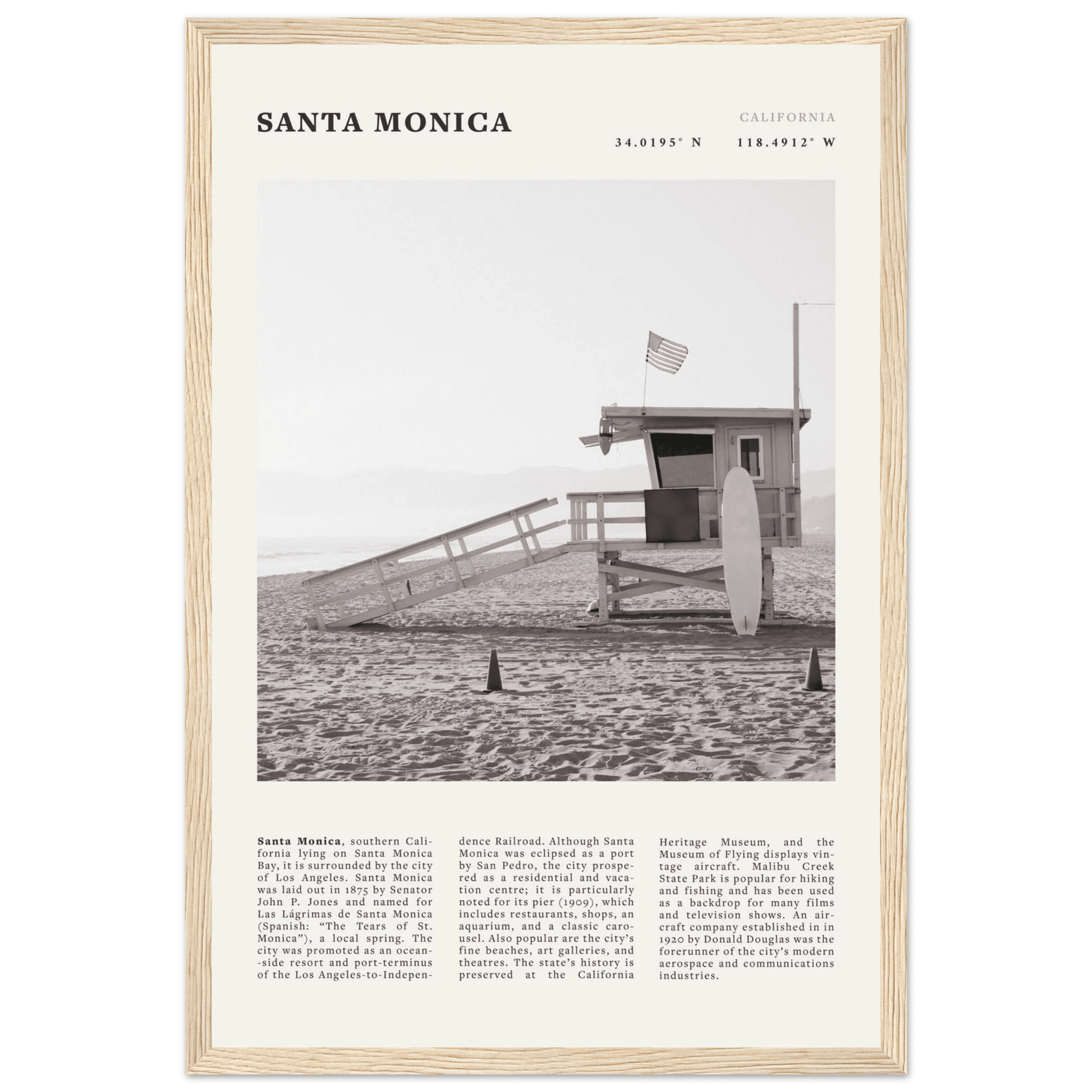 Santa Monica Poster | Black & White California Wall Art | Beach Travel Print | Coastal Decor - Evergreen Posters