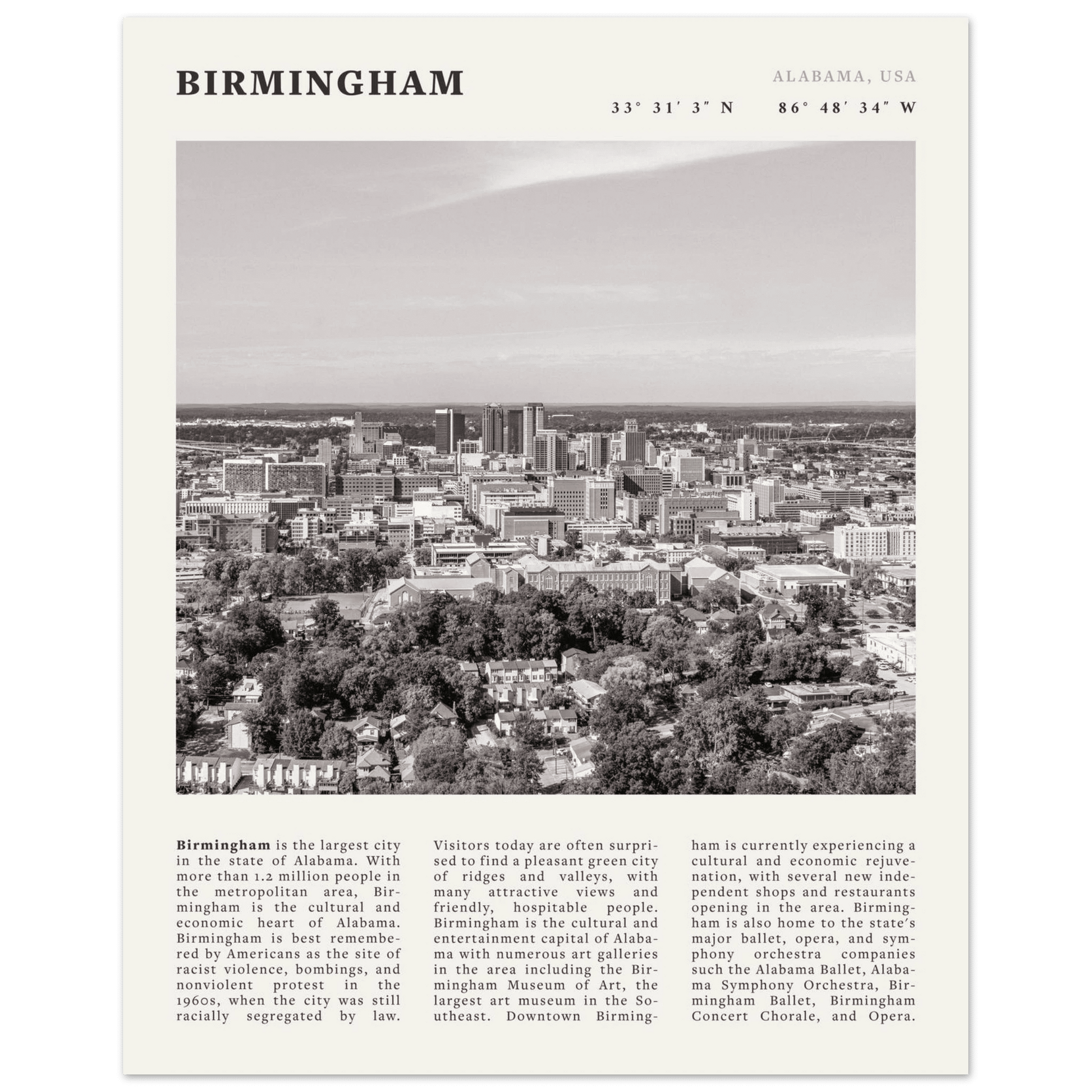 Birmingham Poster | Black & White Alabama Skyline Wall Art | AL Travel Print - Evergreen Posters