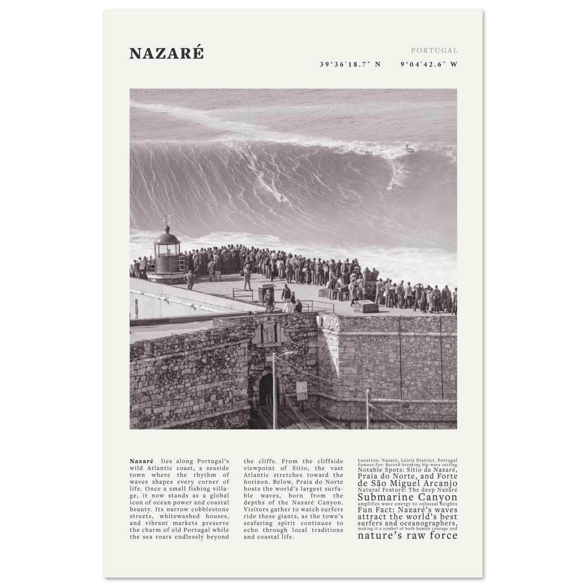 Nazaré Portugal Poster Black and White – Vintage Big Waves Surf Print (Digital & Printed Options) - Evergreen Posters