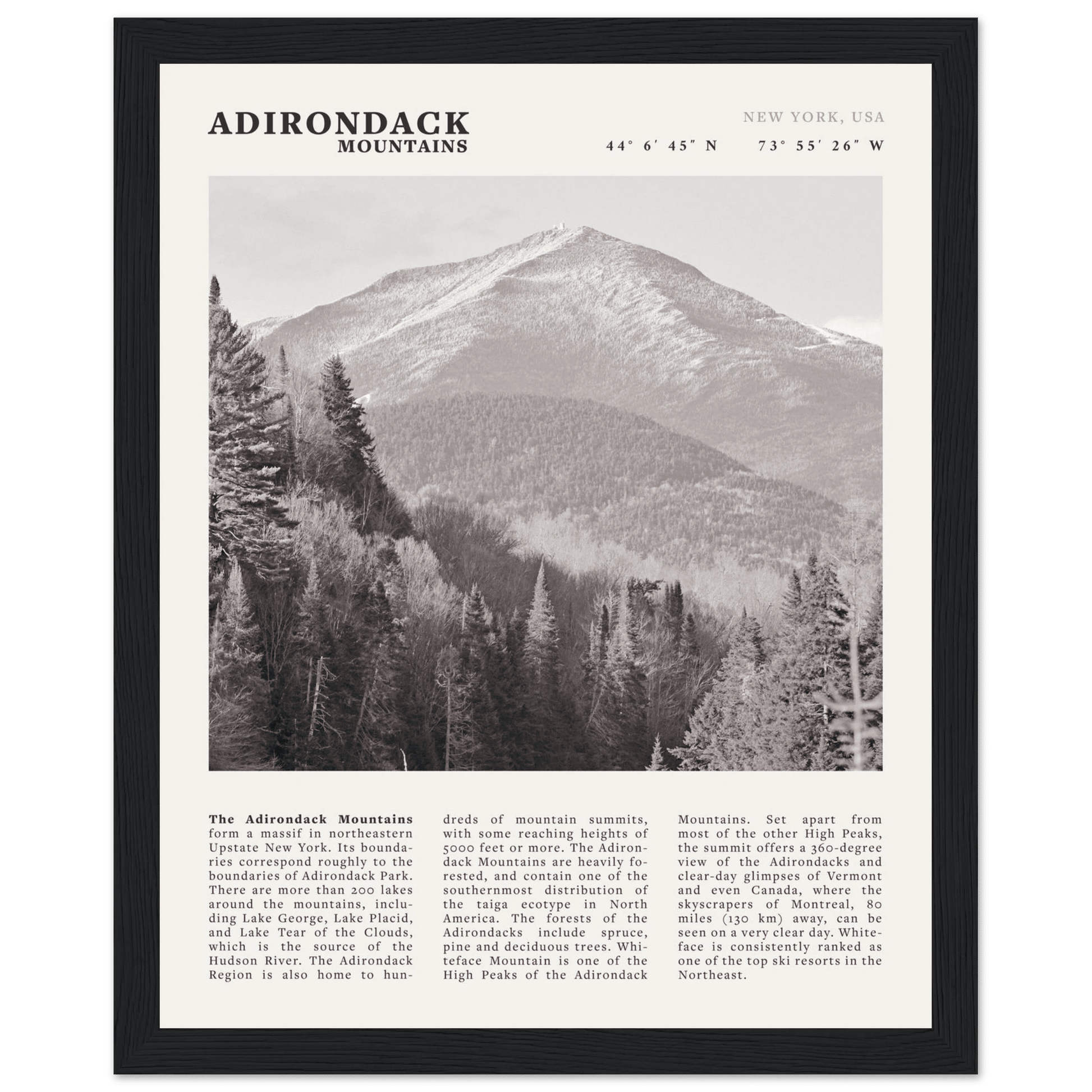 Adirondack Mountains Poster | Black & White New York Nature Wall Art | Hiking Print - Evergreen Posters