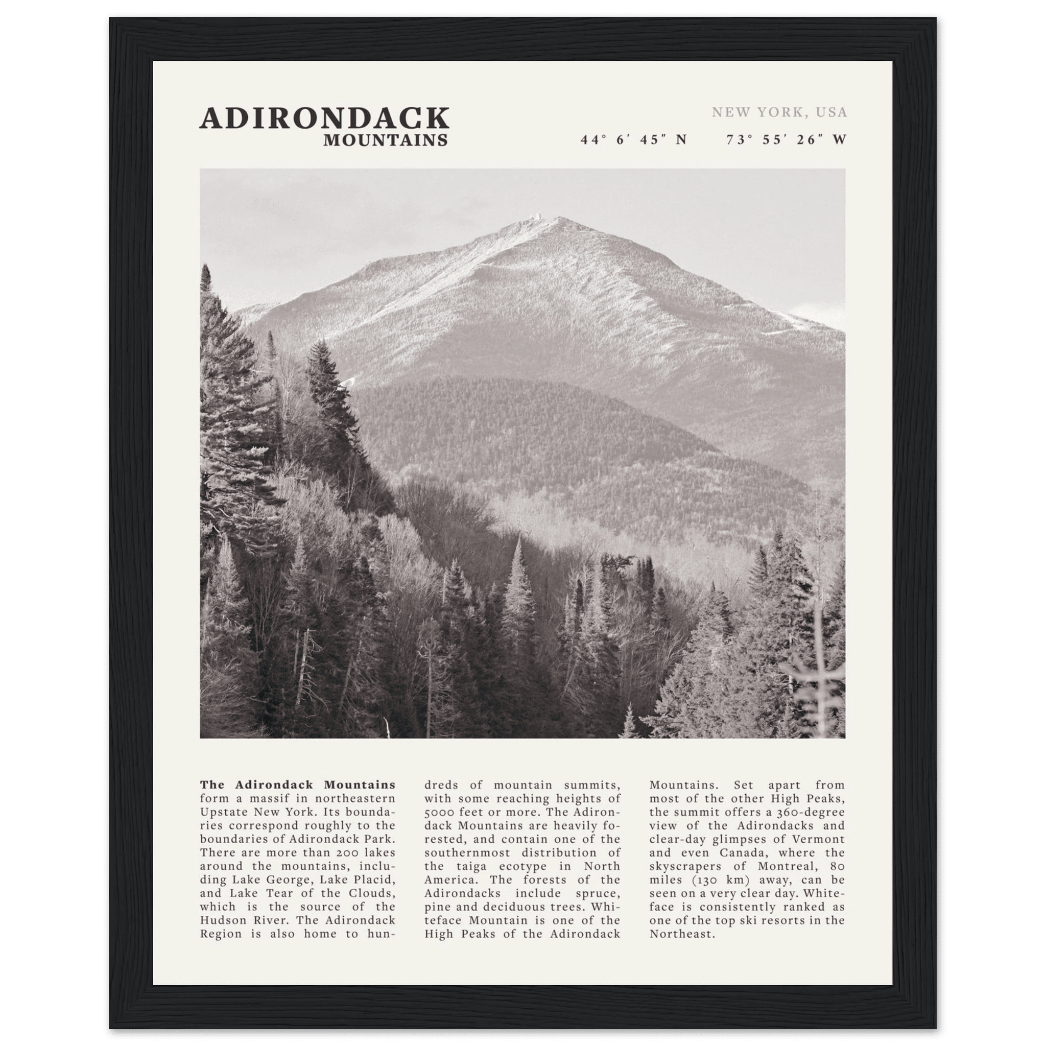 Adirondack Mountains Poster | Black & White New York Nature Wall Art | Hiking Print - Evergreen Posters