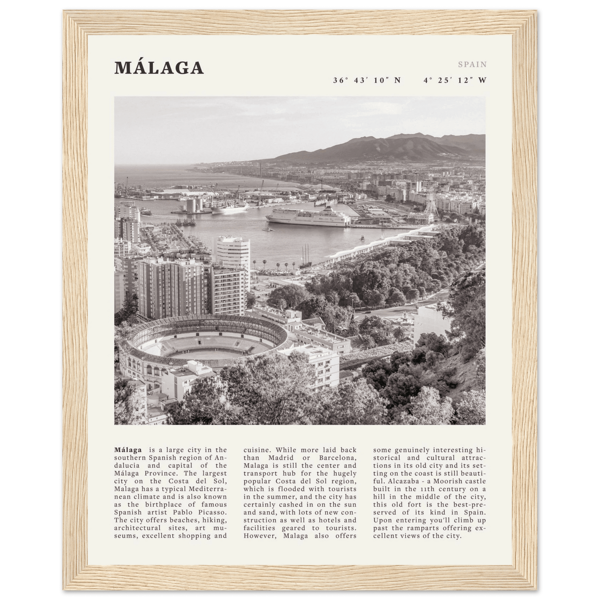 Málaga Poster | Black & White Costa del Sol Wall Art | Spain Travel Print - Evergreen Posters