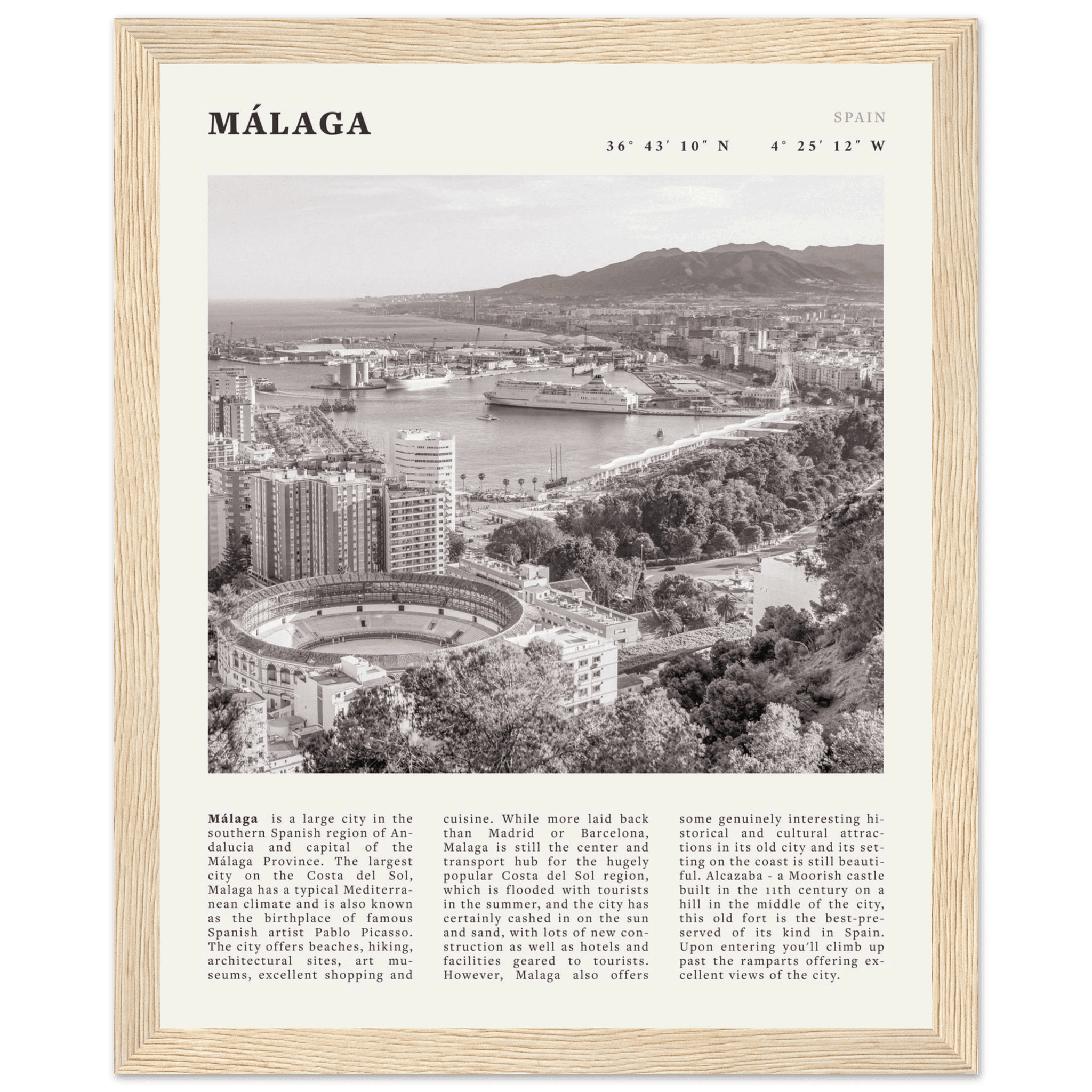 Málaga Poster | Black & White Costa del Sol Wall Art | Spain Travel Print - Evergreen Posters