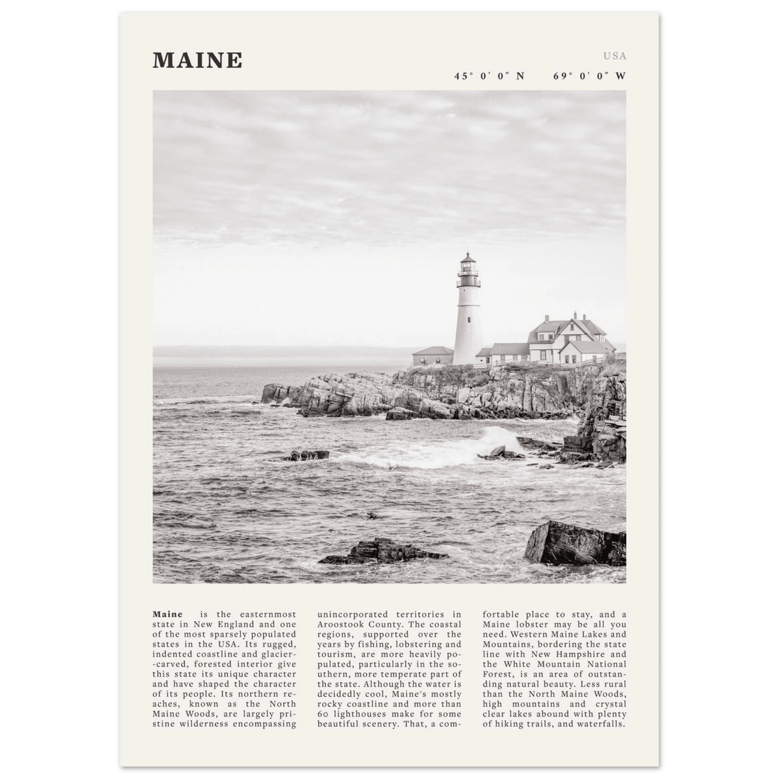 Maine Poster | Black & White Lighthouse Wall Art | New England Coastal Travel Print - Evergreen Posters