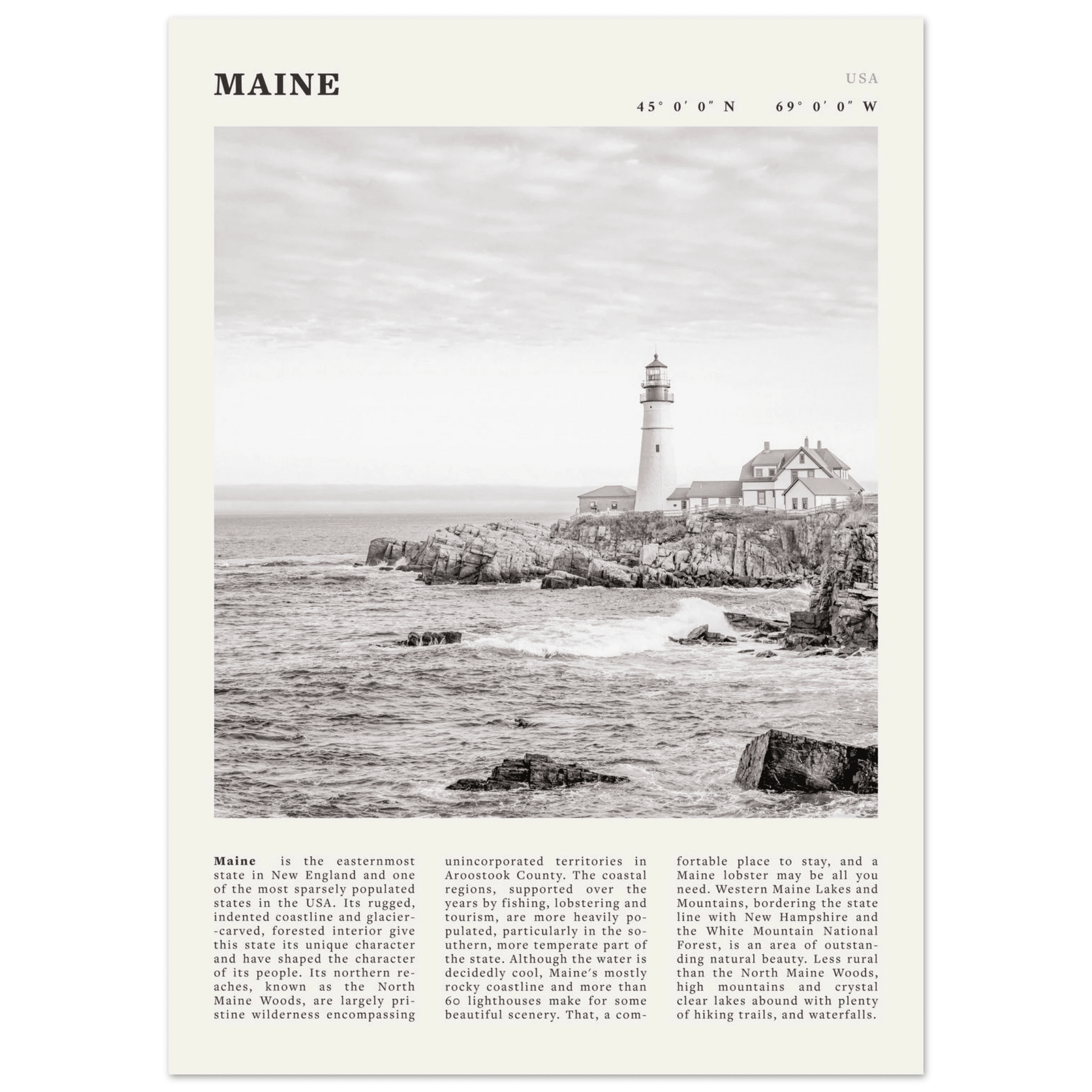 Maine Poster | Black & White Lighthouse Wall Art | New England Coastal Travel Print - Evergreen Posters