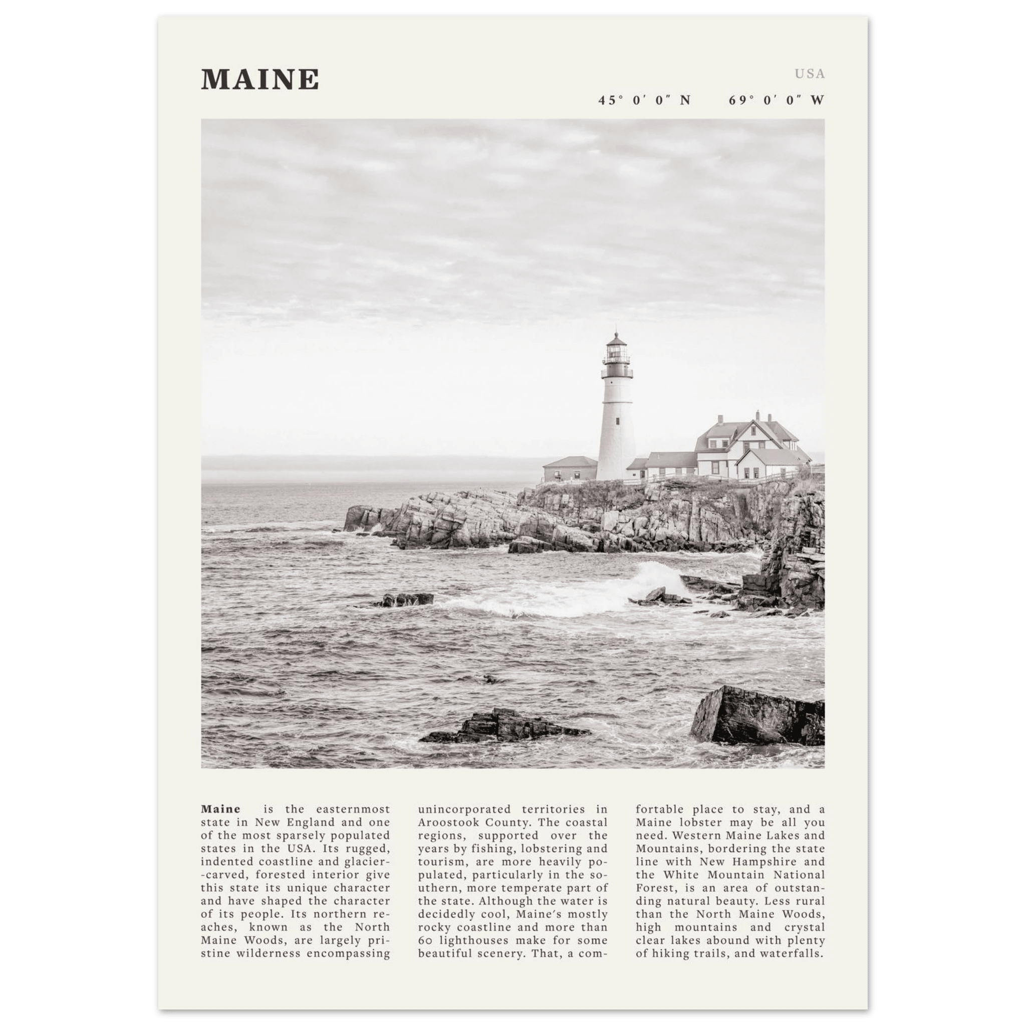 Maine Poster | Black & White Lighthouse Wall Art | New England Coastal Travel Print - Evergreen Posters