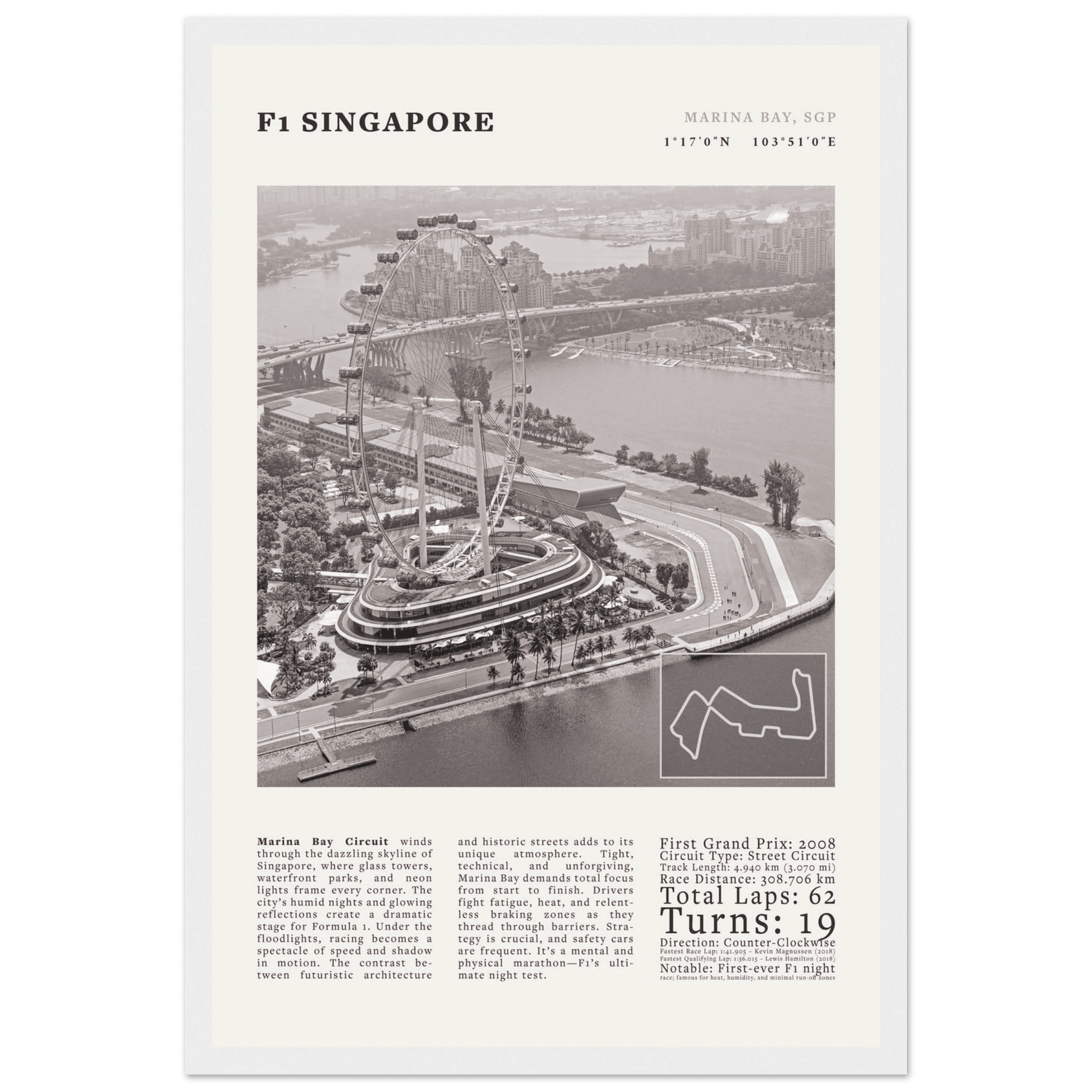 F1 Singapore Poster Black and White – Vintage Marina Bay Night Race Print (Digital & Printed Options) - Evergreen Posters
