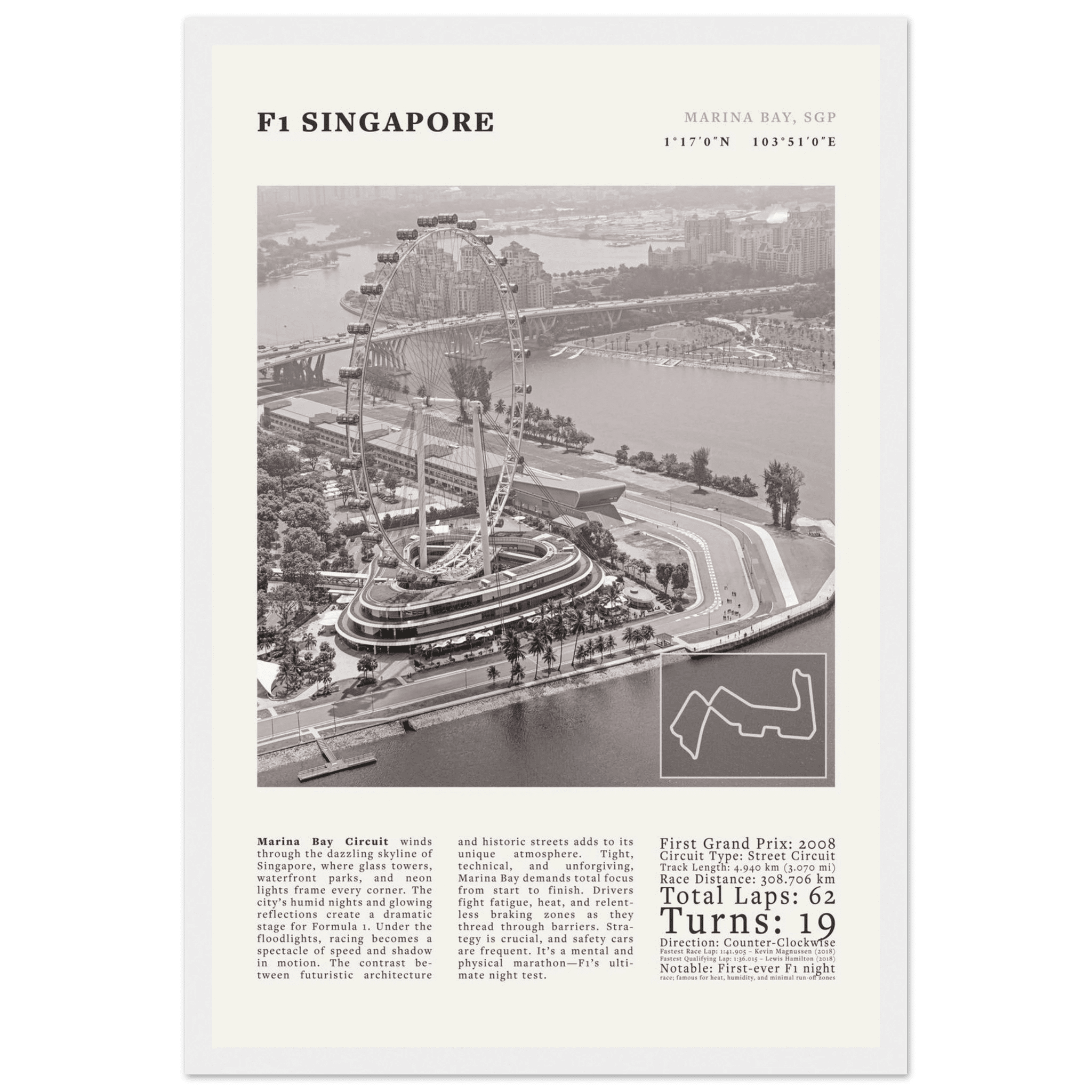 F1 Singapore Poster Black and White – Vintage Marina Bay Night Race Print (Digital & Printed Options) - Evergreen Posters