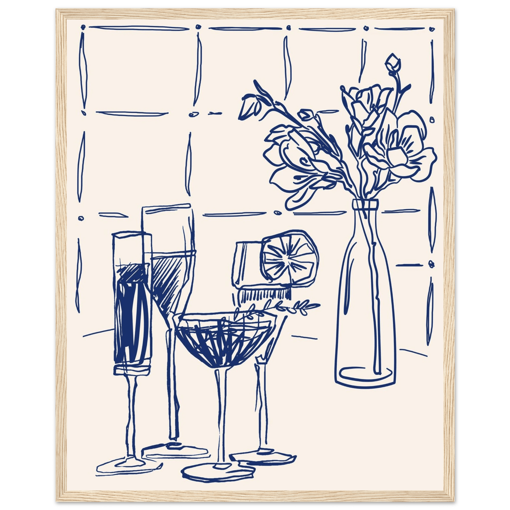 Cocktails & Flowers Print | Navy Blue Line Art Drinks Wall Art | Kitchen Bar Poster - Evergreen Posters
