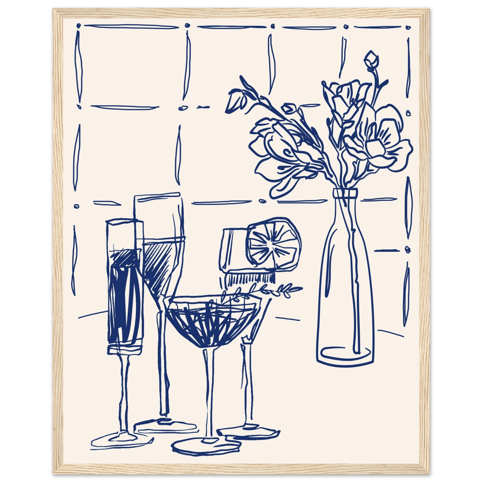 Cocktails & Flowers Print | Navy Blue Line Art Drinks Wall Art | Kitchen Bar Poster - Evergreen Posters