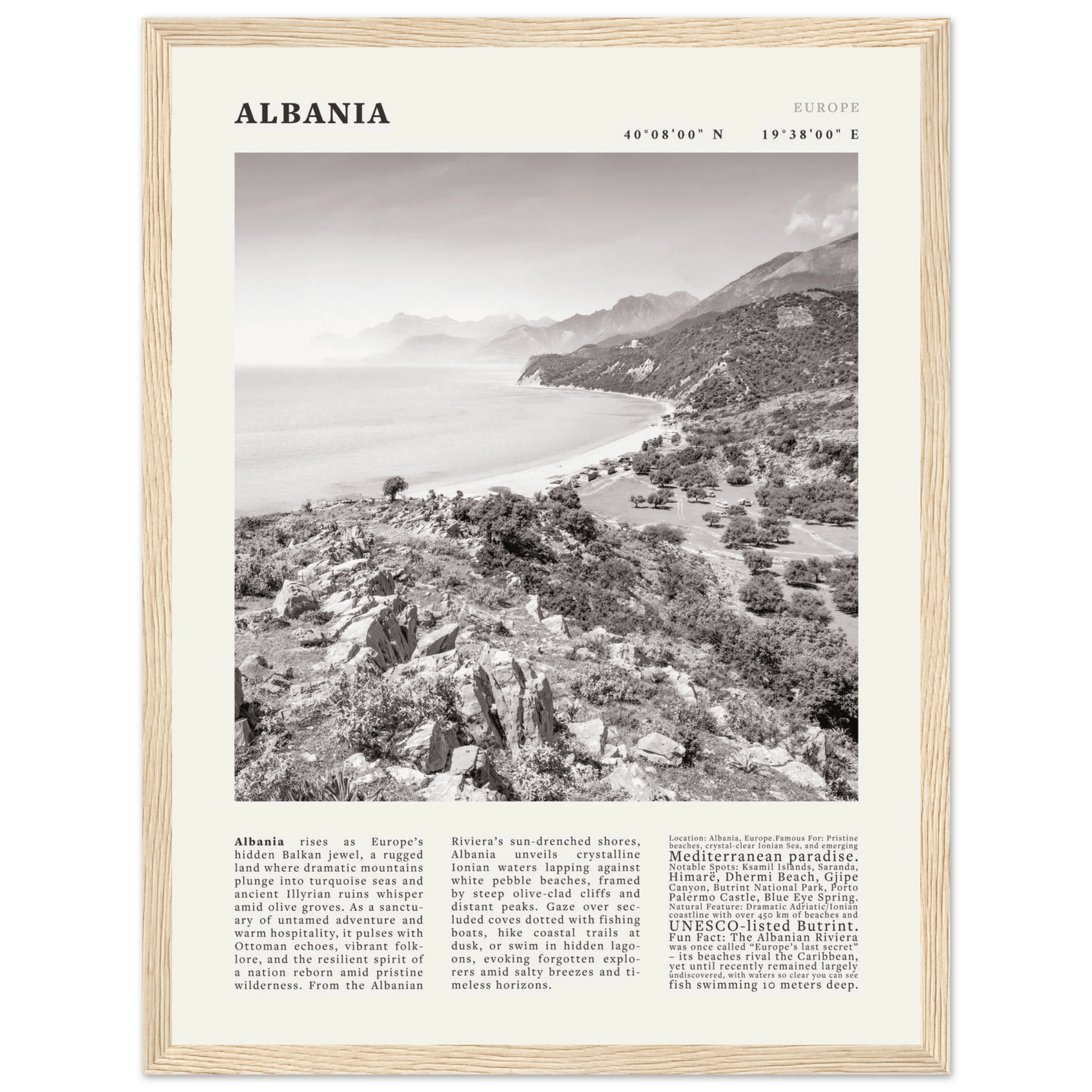 Albania Poster Black and White – Vintage Albanian Riviera Travel Print (Digital & Printed Options) - Evergreen Posters