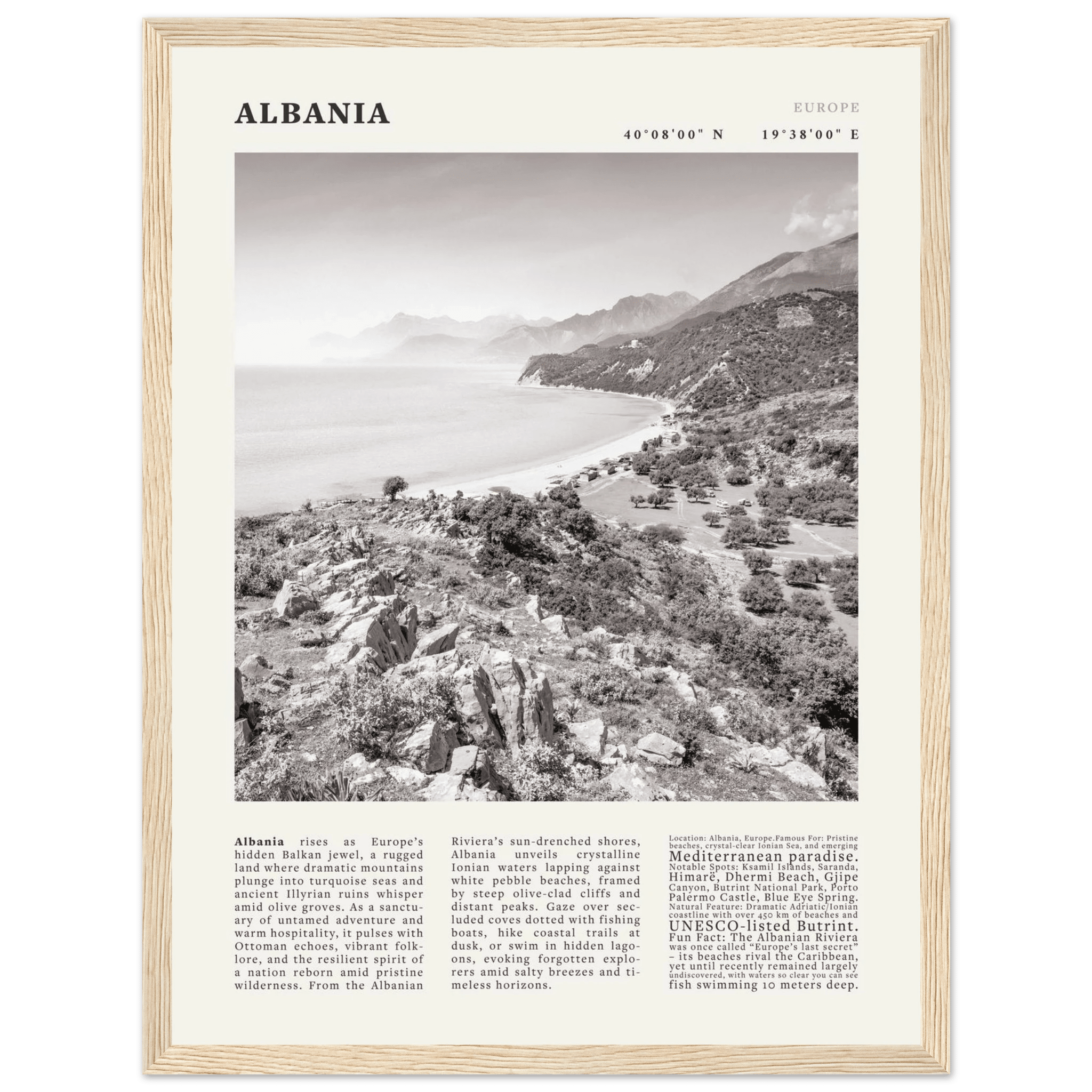 Albania Poster Black and White – Vintage Albanian Riviera Travel Print (Digital & Printed Options) - Evergreen Posters