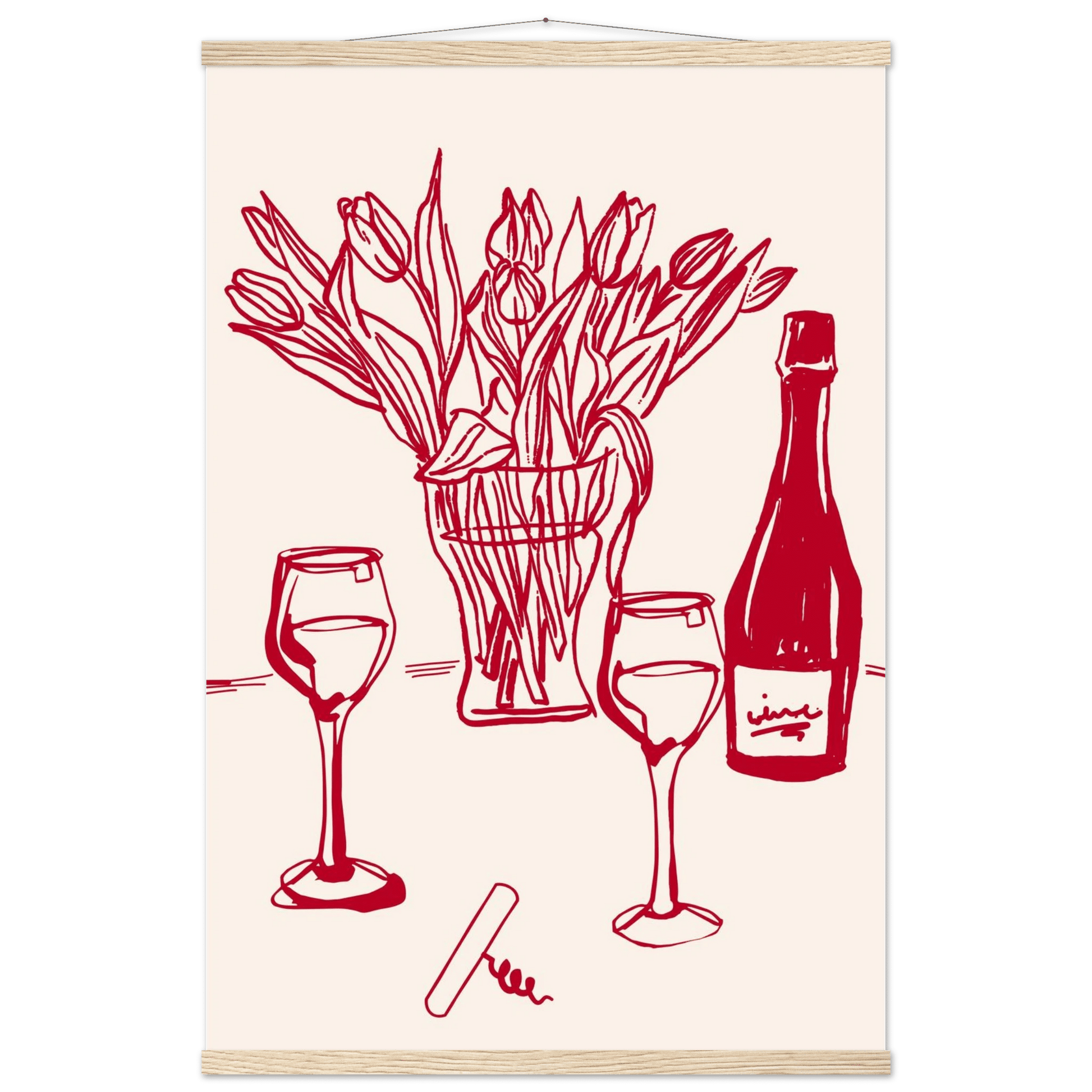 Red Wine & Tulips Print | Line Art Wine Bottle Wall Art | Kitchen Poster - Evergreen Posters