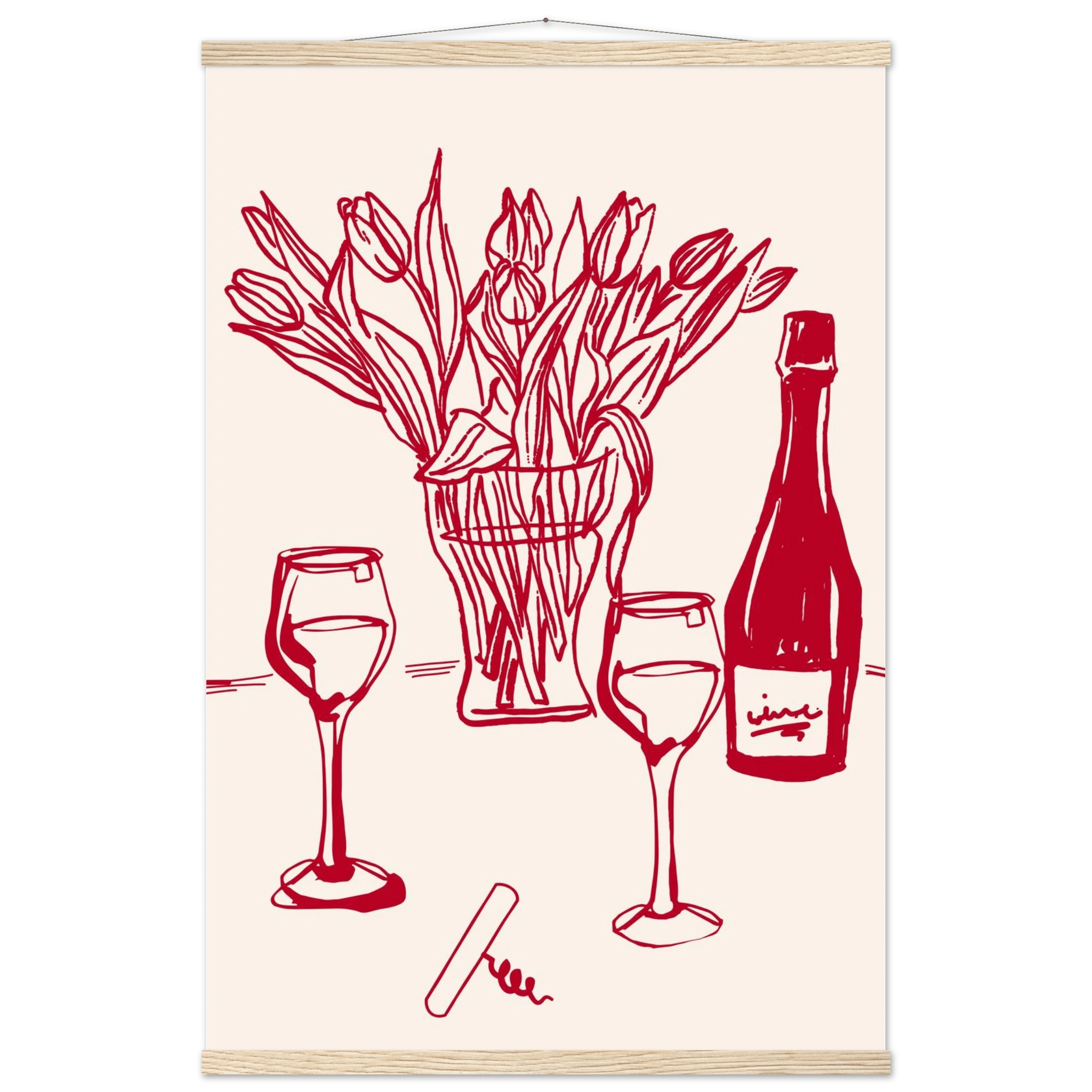 Red Wine & Tulips Print | Line Art Wine Bottle Wall Art | Kitchen Poster - Evergreen Posters
