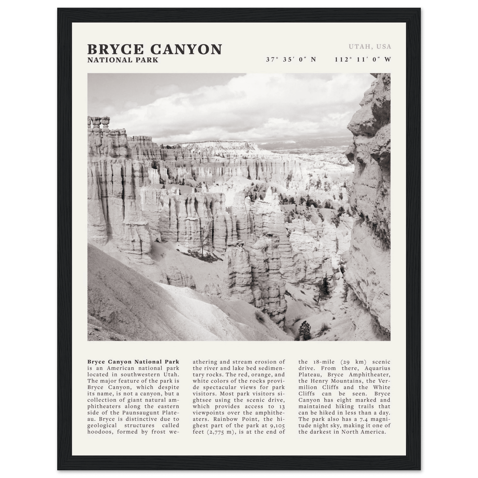Bryce Canyon National Park Poster | Black & White Utah Hoodoos Wall Art Print - Evergreen Posters - 34