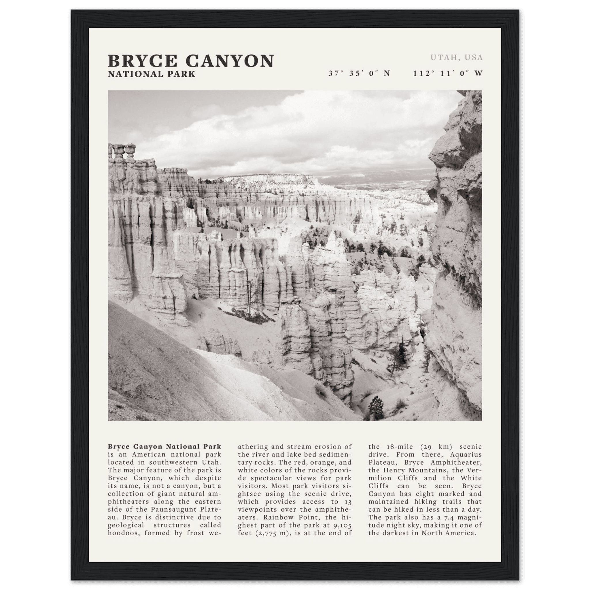 Bryce Canyon National Park Poster | Black & White Utah Hoodoos Wall Art Print - Evergreen Posters - 34
