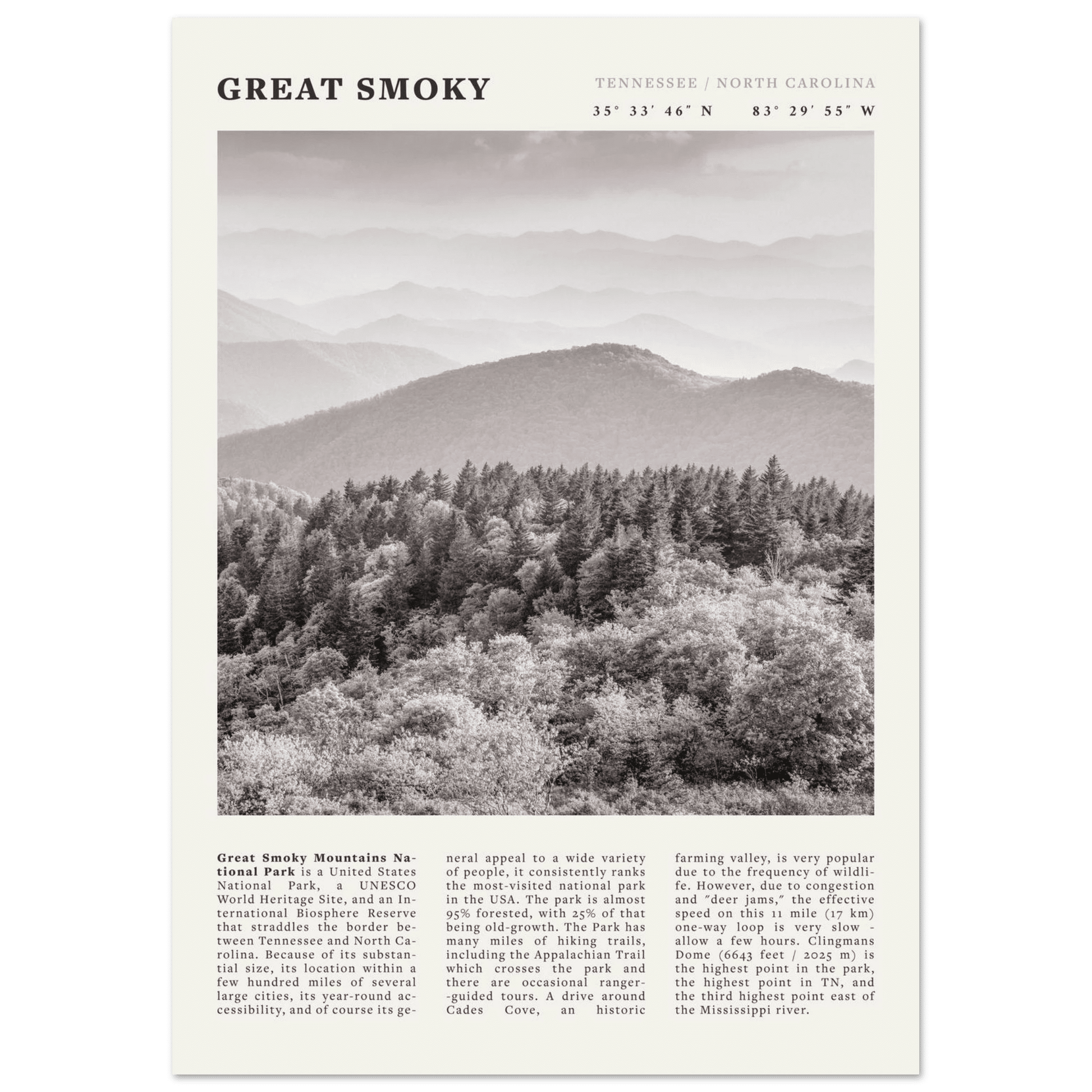 Great Smoky Mountains Poster | Black & White National Park Wall Art | Tennessee Print - Evergreen Posters