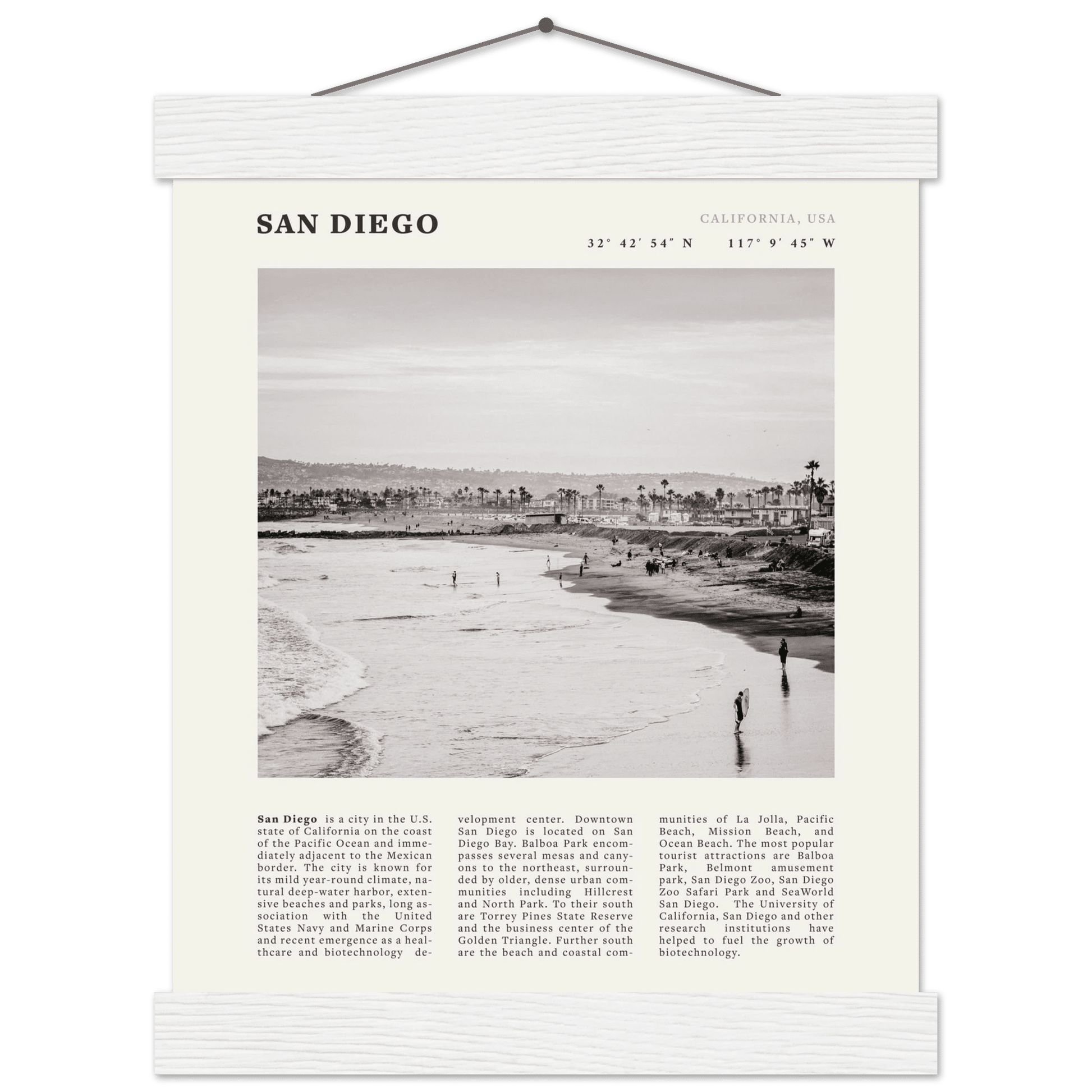 San Diego Poster | Black & White California Beach Wall Art | Coastal Travel Print Decor - Evergreen Posters