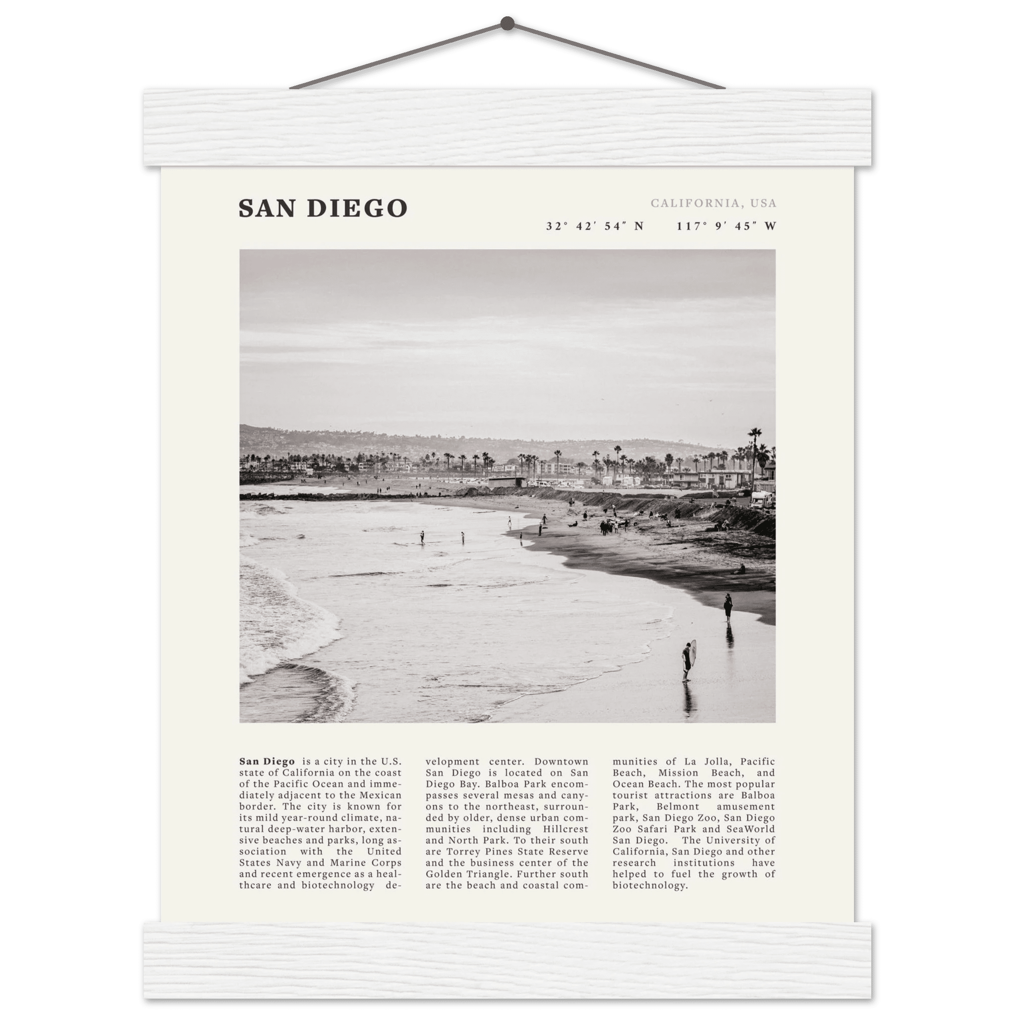 San Diego Poster | Black & White California Beach Wall Art | Coastal Travel Print Decor - Evergreen Posters