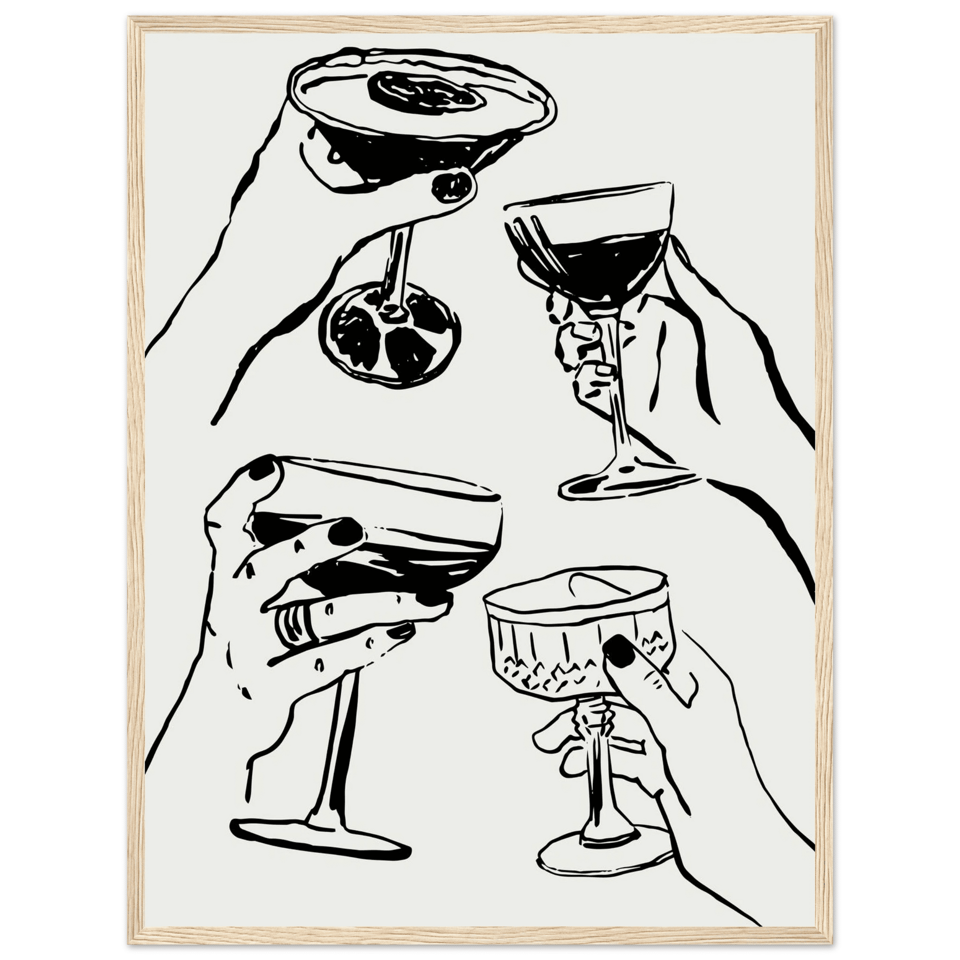 Cheers Print | Black Line Art Cocktail Glasses Wall Art | Kitchen Bar Poster - Evergreen Posters