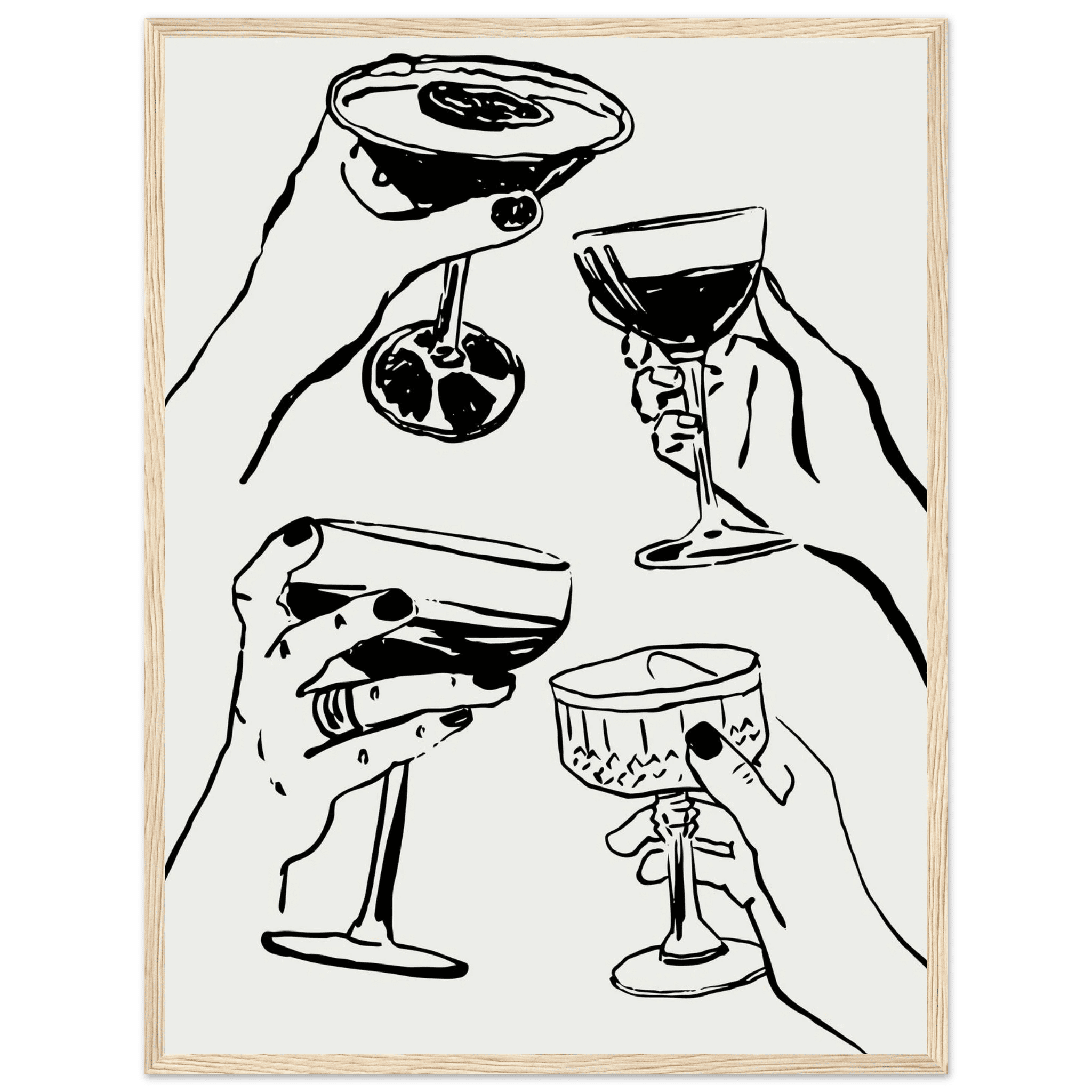 Cheers Print | Black Line Art Cocktail Glasses Wall Art | Kitchen Bar Poster - Evergreen Posters