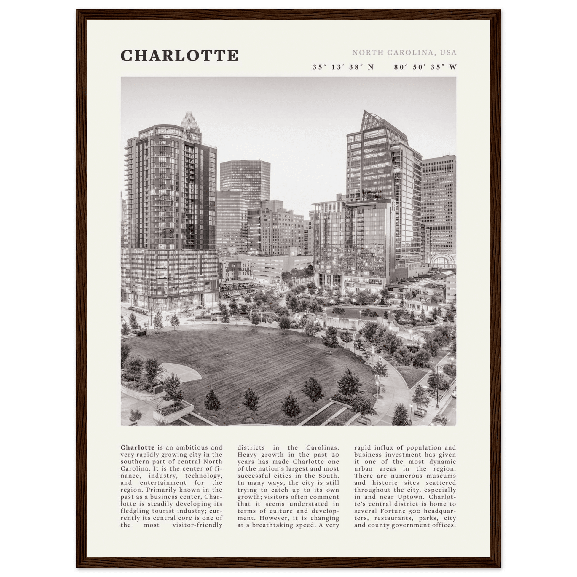 Charlotte Poster | Black & White North Carolina Skyline Wall Art | NC Travel Print - Evergreen Posters