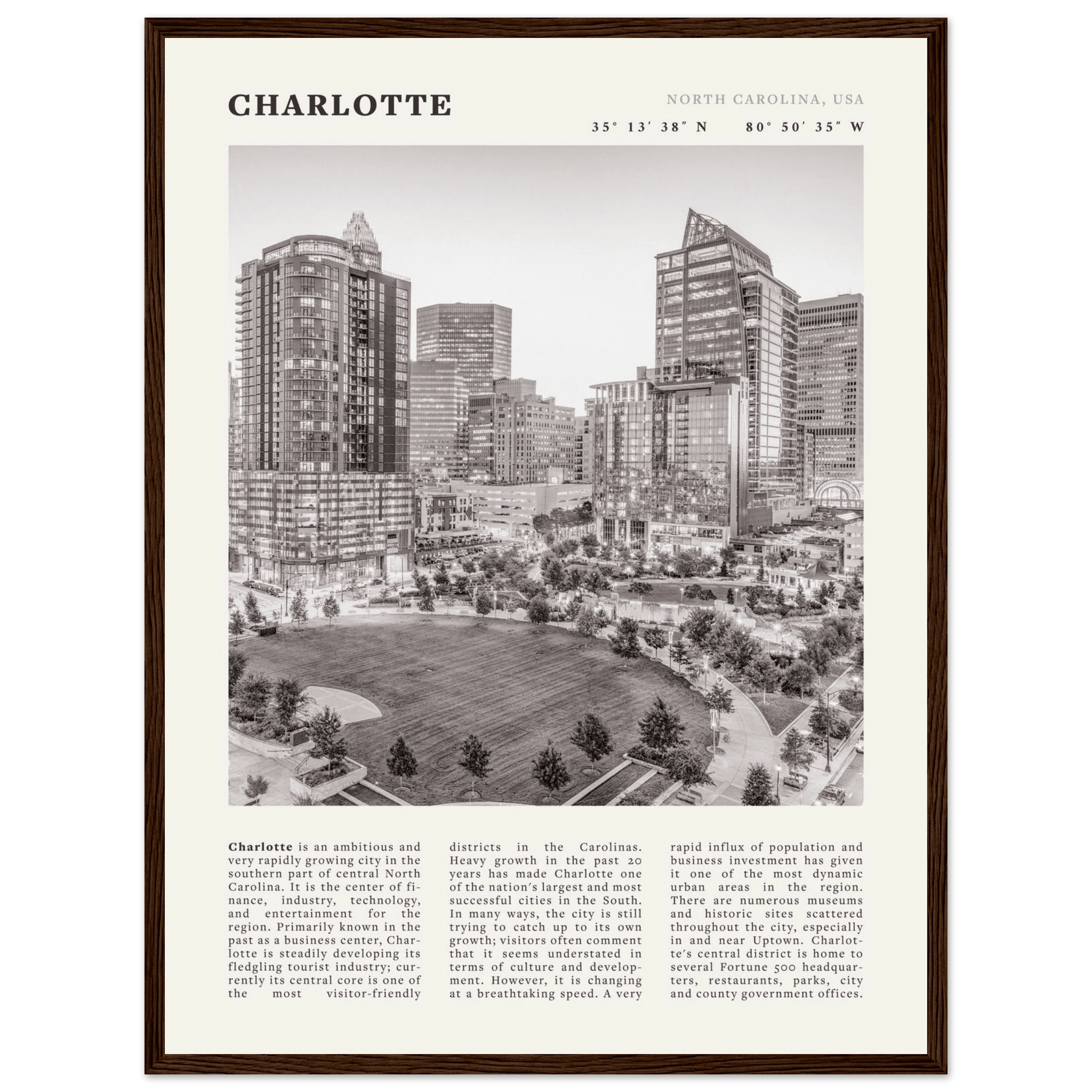 Charlotte Poster | Black & White North Carolina Skyline Wall Art | NC Travel Print - Evergreen Posters