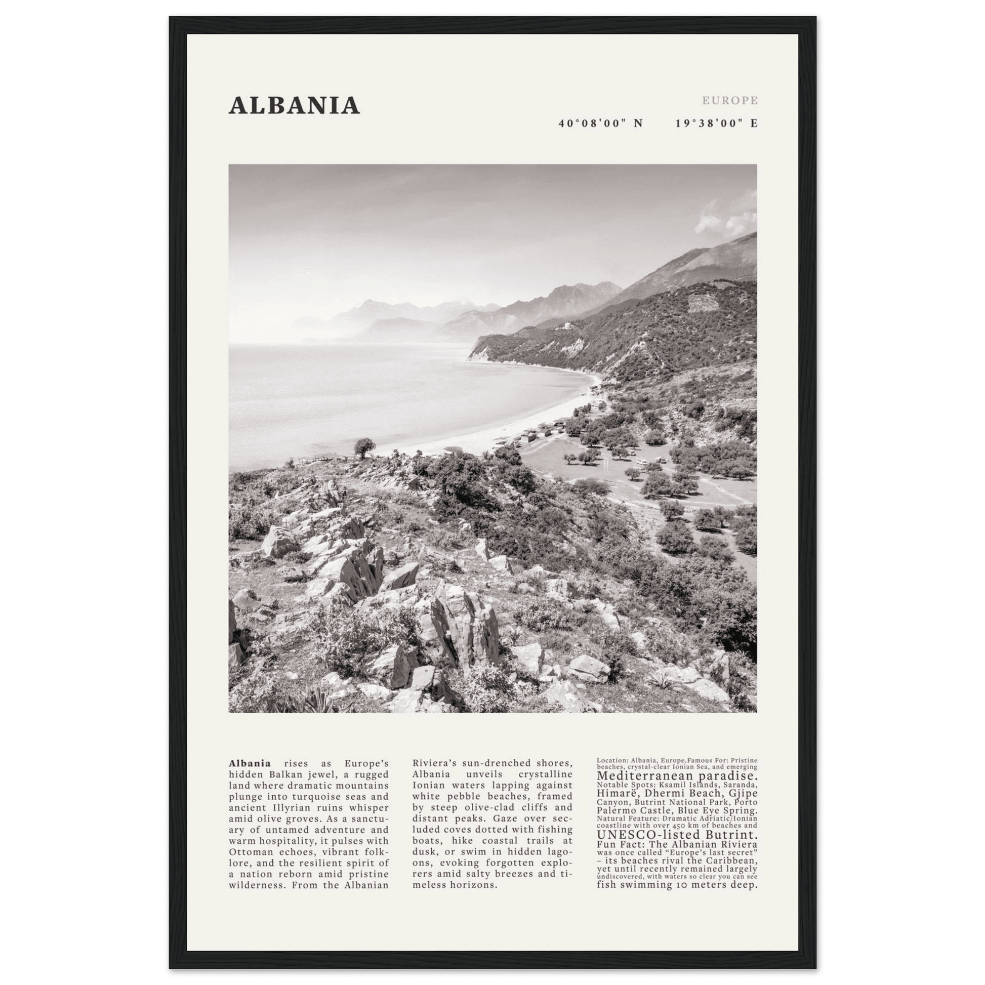 Albania Poster Black and White – Vintage Albanian Riviera Travel Print (Digital & Printed Options) - Evergreen Posters