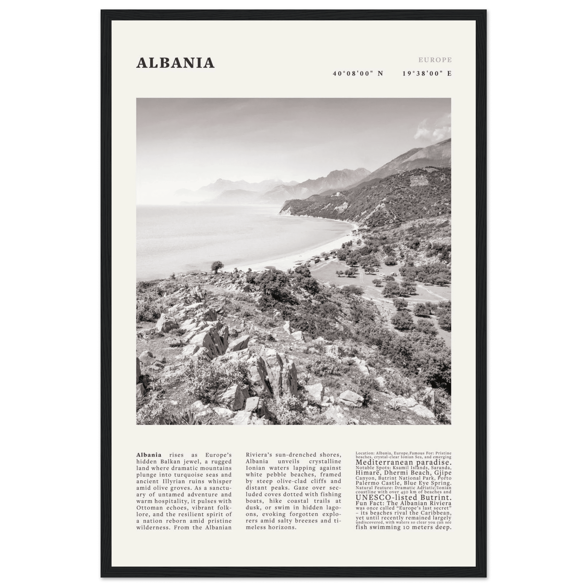 Albania Poster Black and White – Vintage Albanian Riviera Travel Print (Digital & Printed Options) - Evergreen Posters