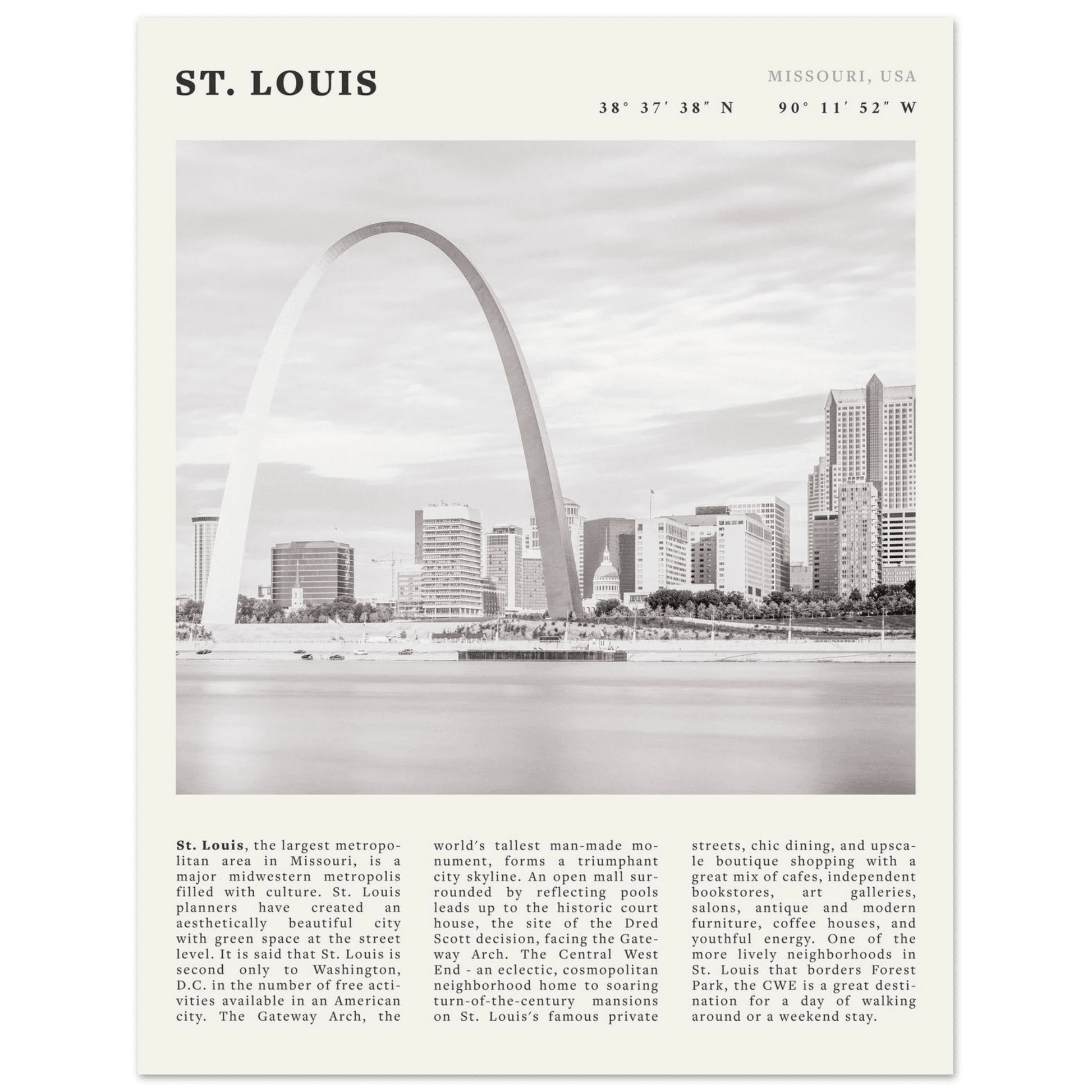St. Louis Poster | Black & White Gateway Arch Wall Art | Missouri Travel Print - Evergreen Posters